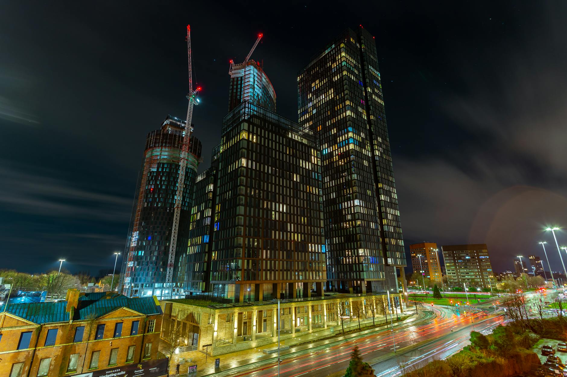 Manchester city skyline illuminated at night
