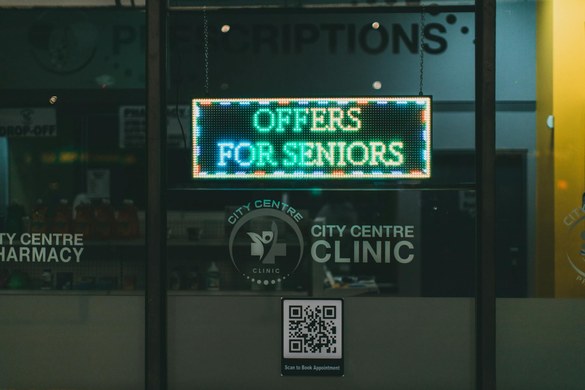 City centre pharmacy sign for medication and backup planning