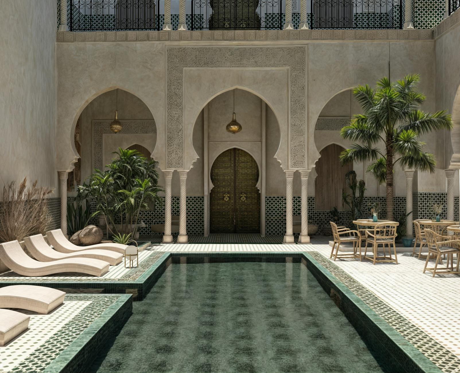 Elegant Moroccan riad courtyard with pool in Marrakech