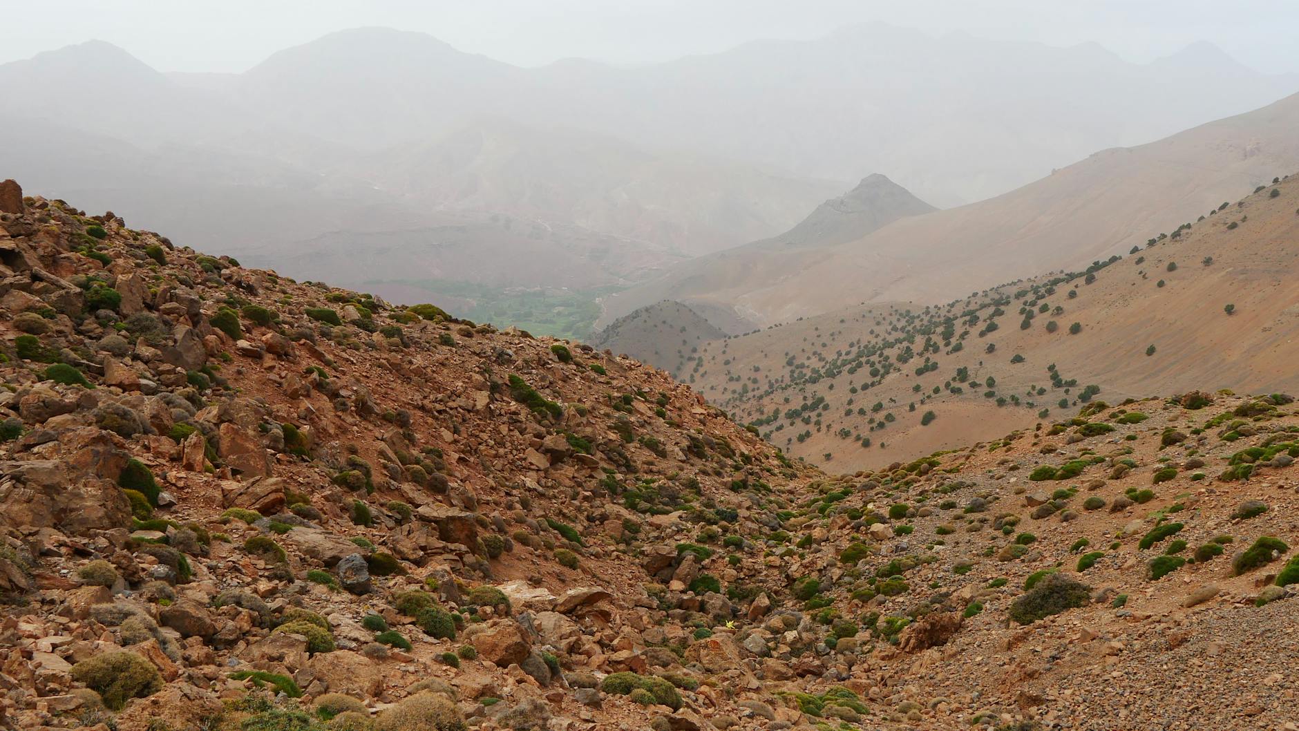 Rocky landscape in Tassaout Valley in Marrakech-Safi, Morocco