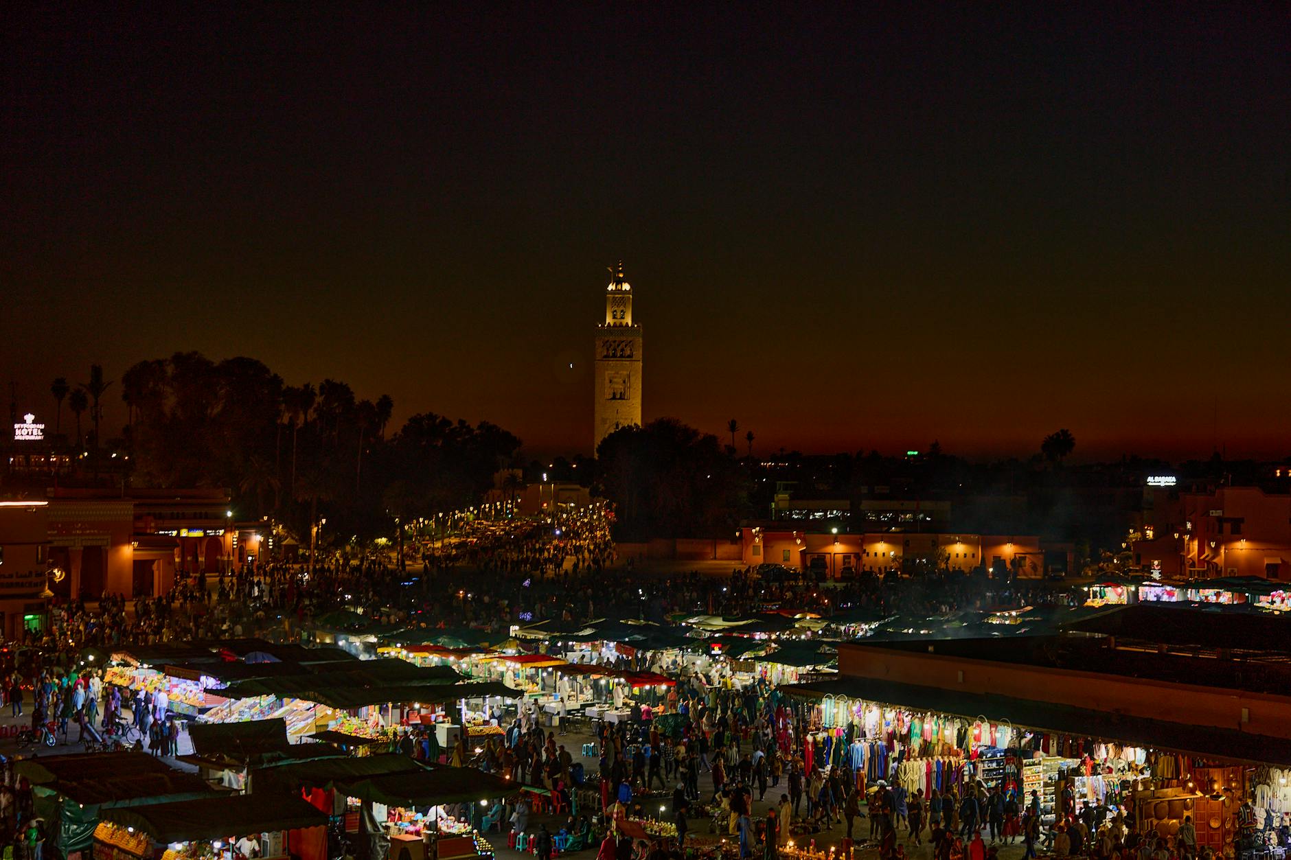 Marrakech night market illuminated at twilight