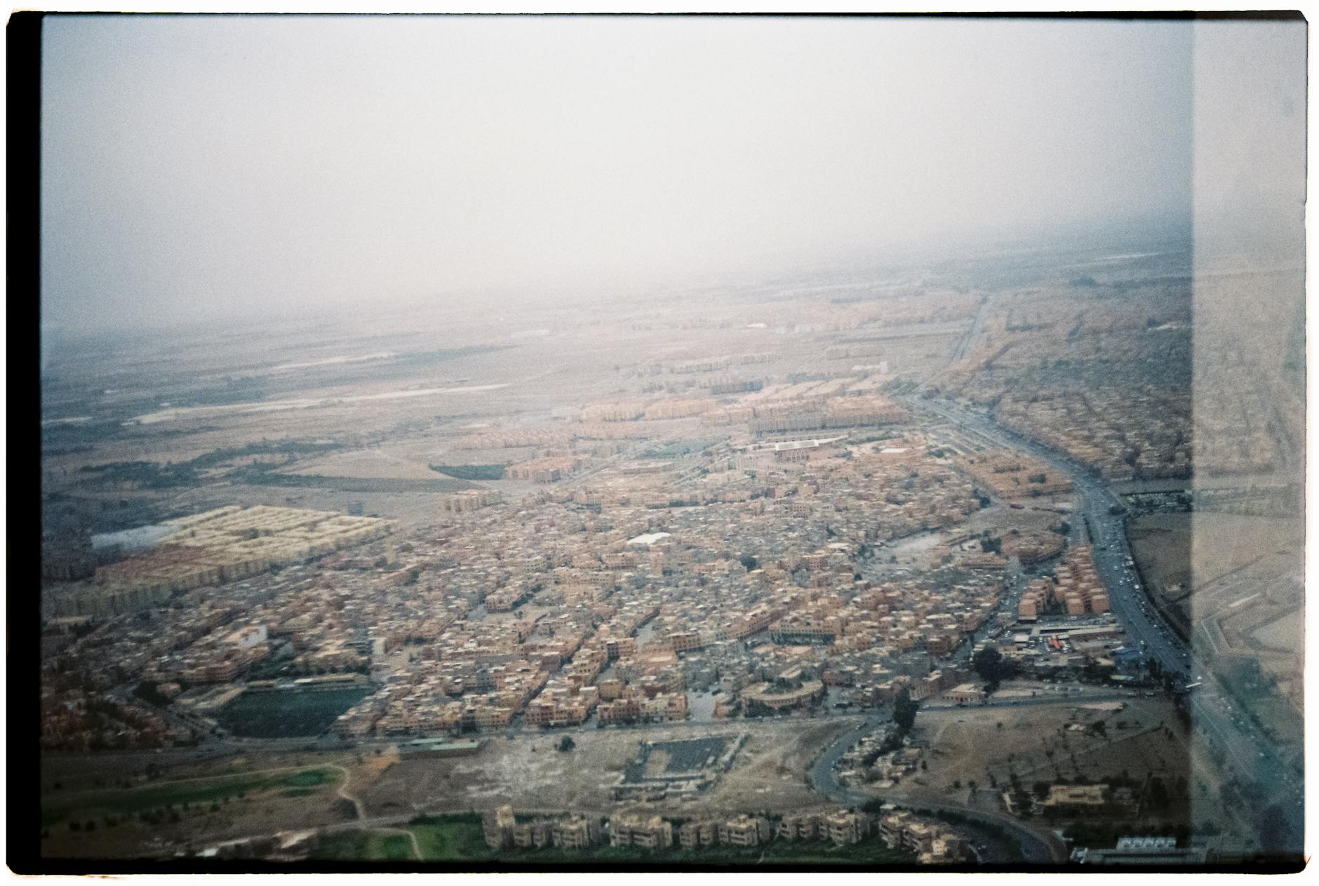 Aerial view of Marrakech cityscape in fog
