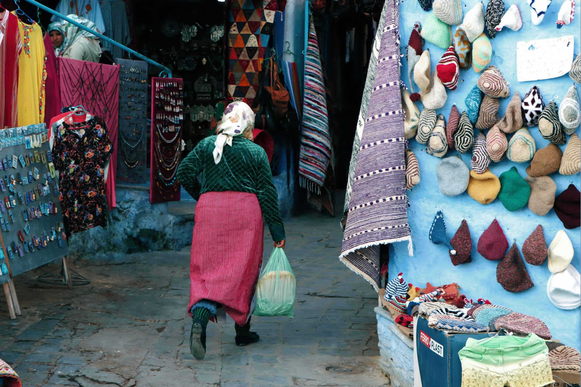 Colorful Moroccan market street with handmade crafts