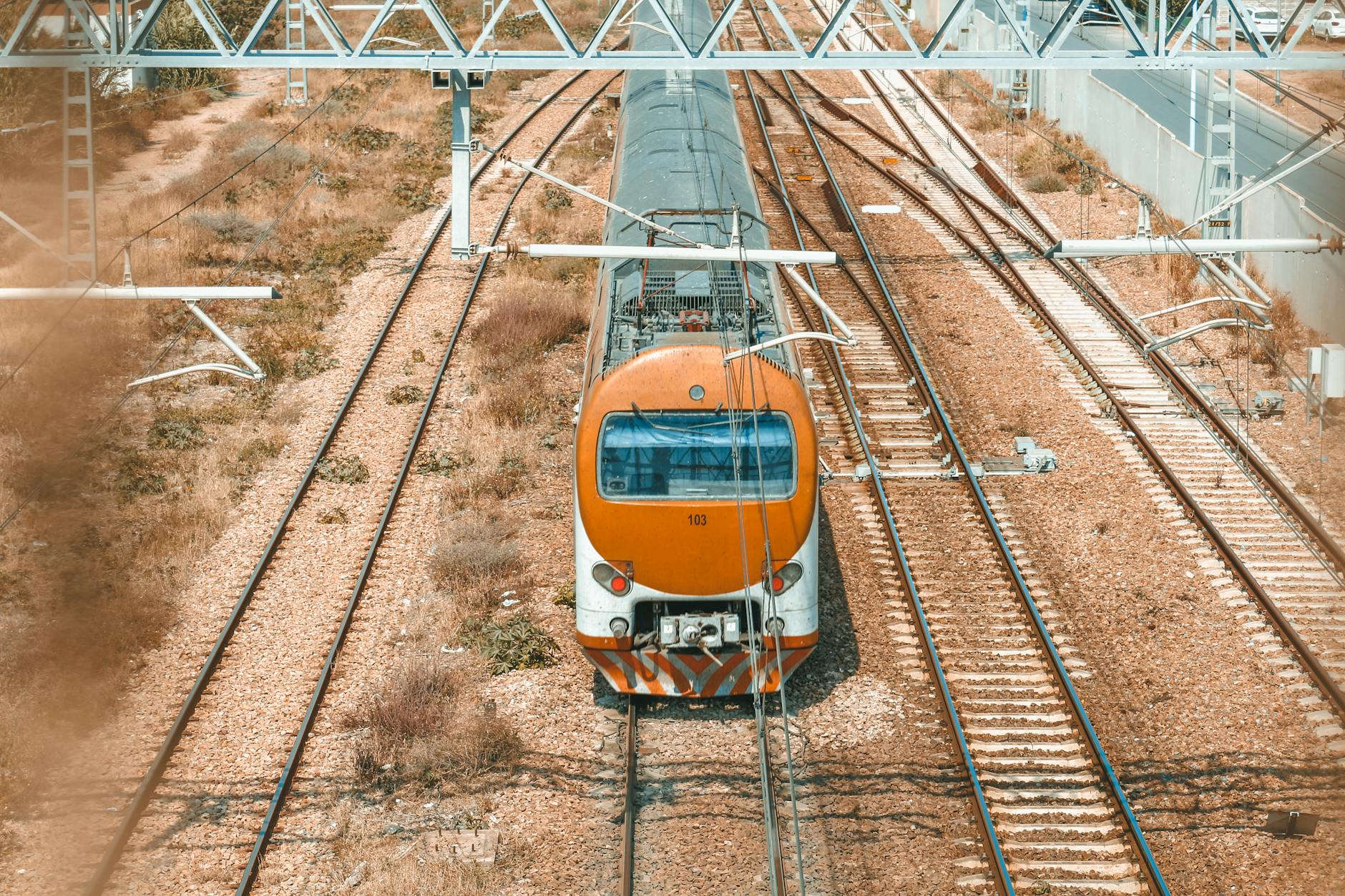 Train crossing rural Morocco on railway tracks