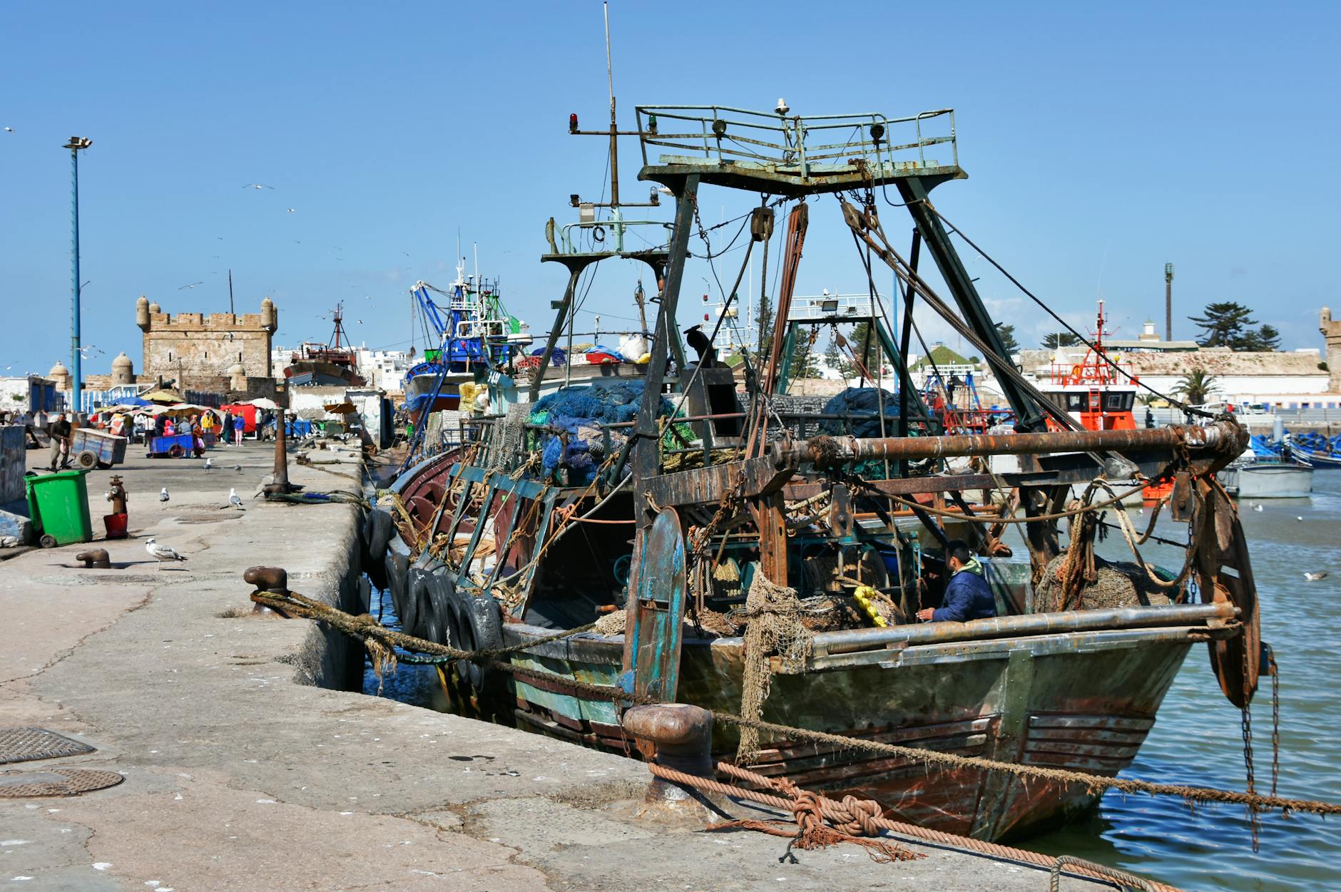 Fishing boats docked in Essaouira harbor under a clear sky