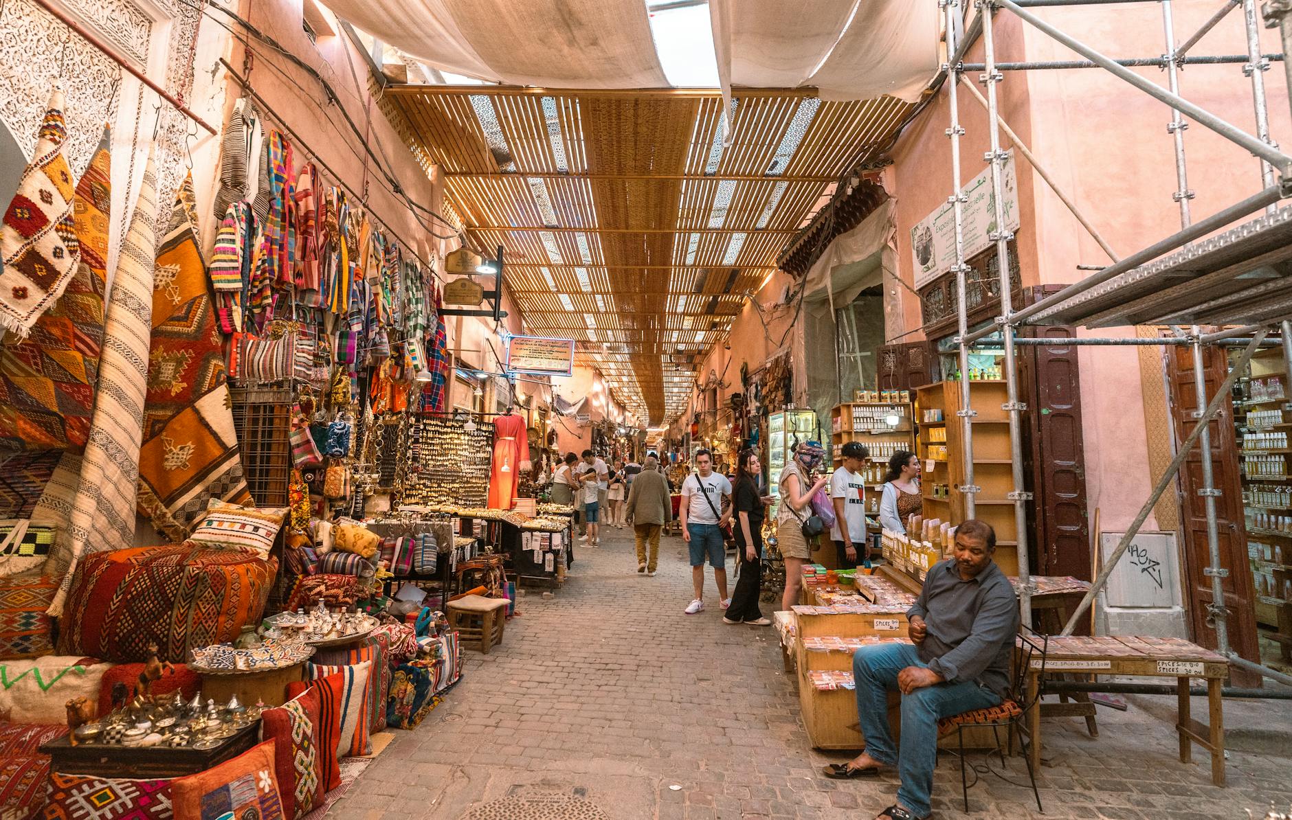 Colorful Marrakech souk with traditional crafts and market stalls