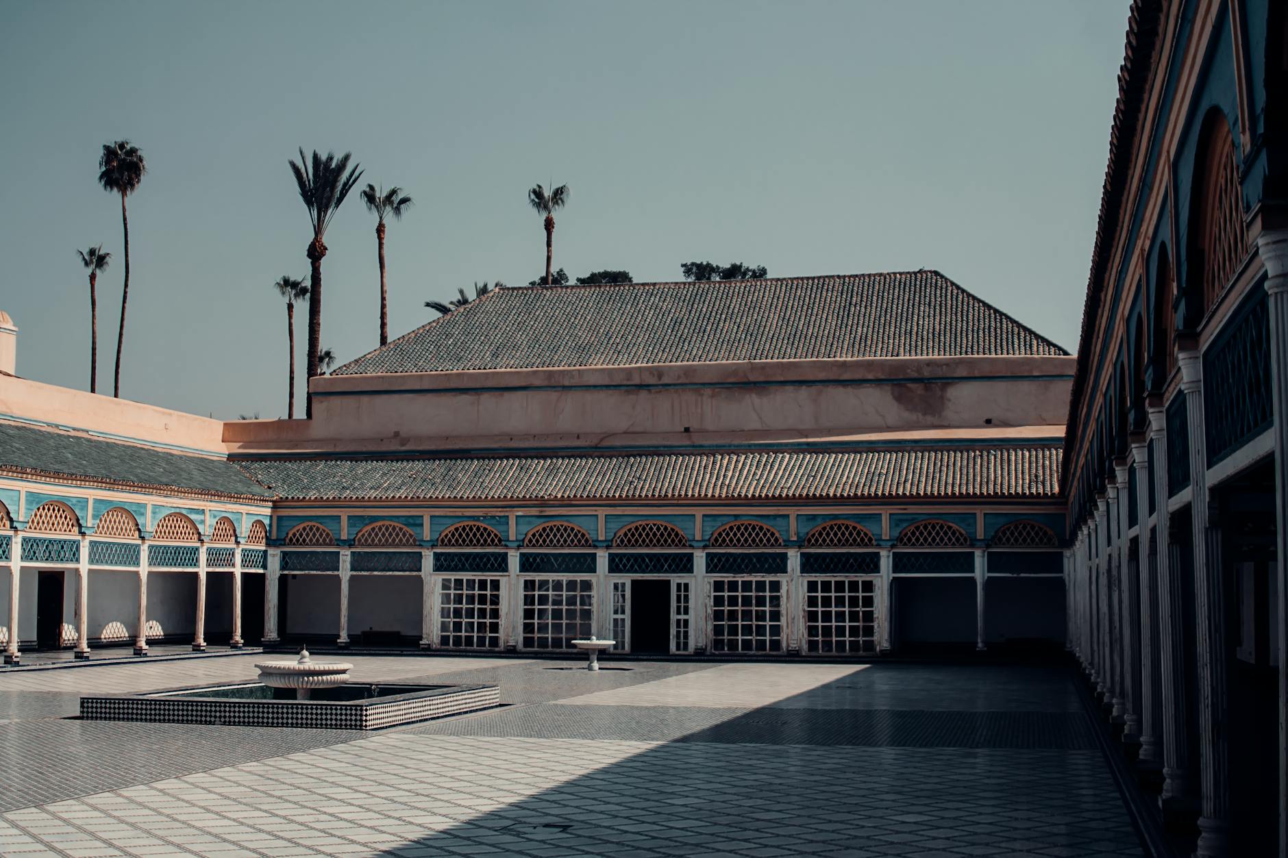Sunlit traditional palace courtyard in Marrakech