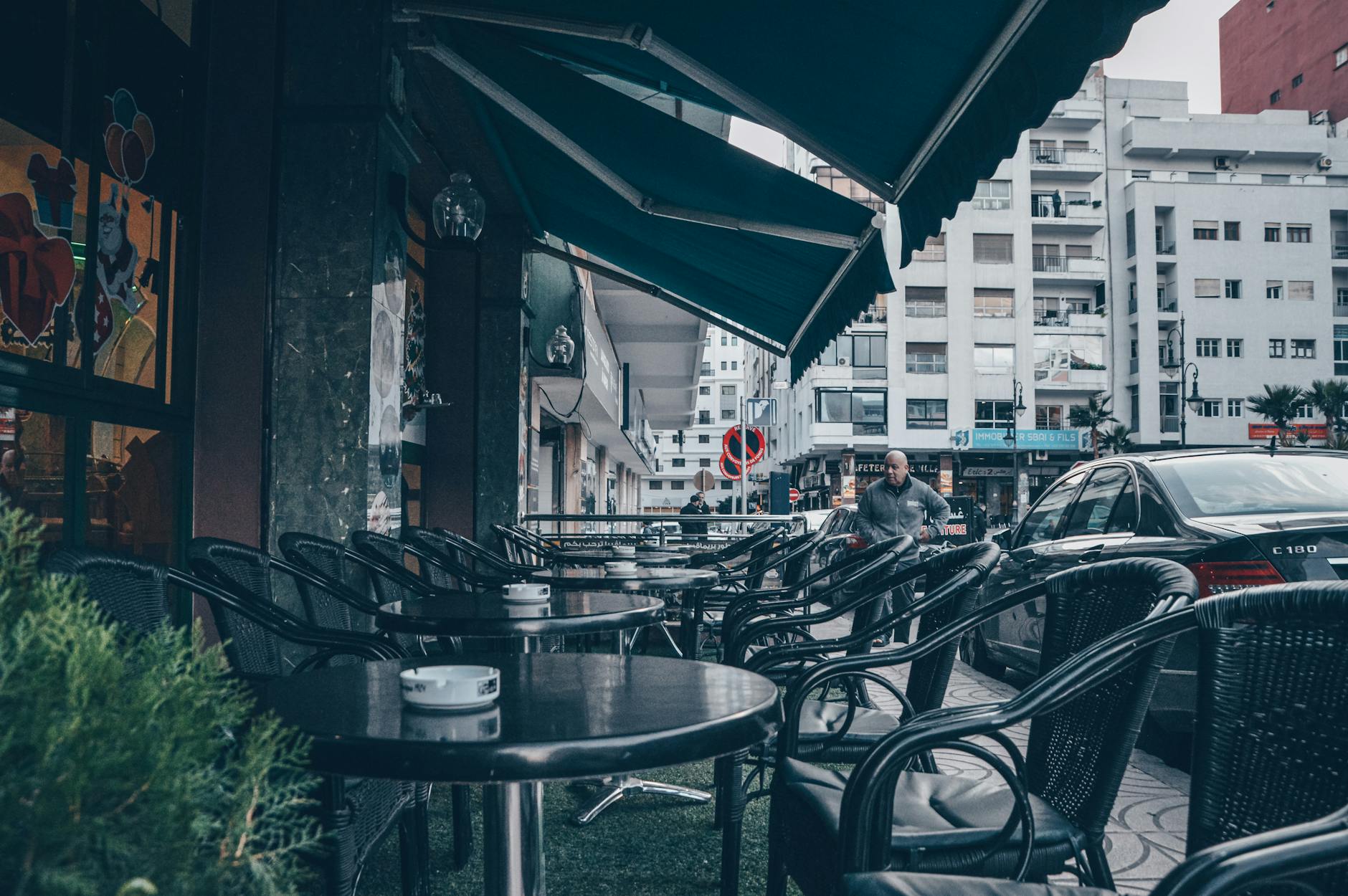 Outdoor cafe with wicker chairs in Tangier, Morocco