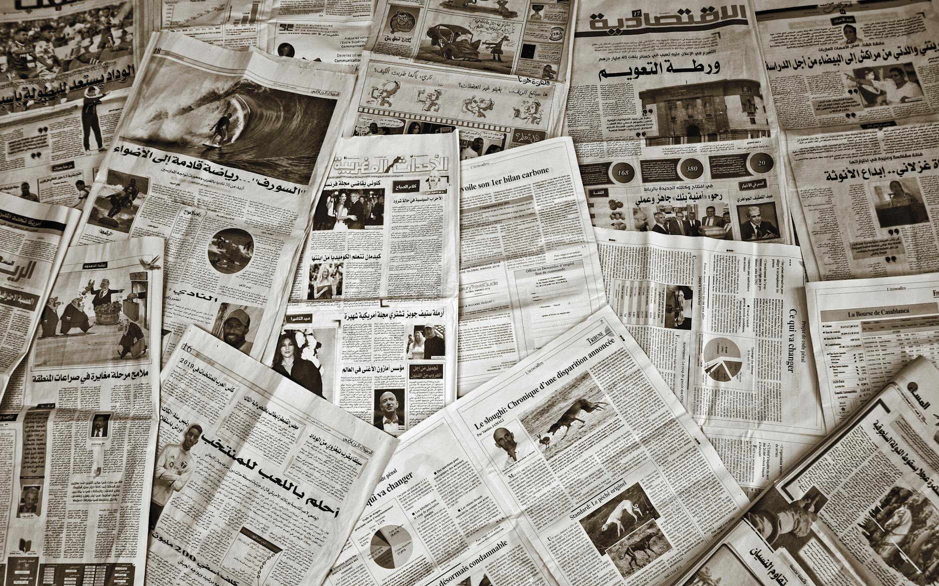 Arabic and French newspapers spread out in Morocco