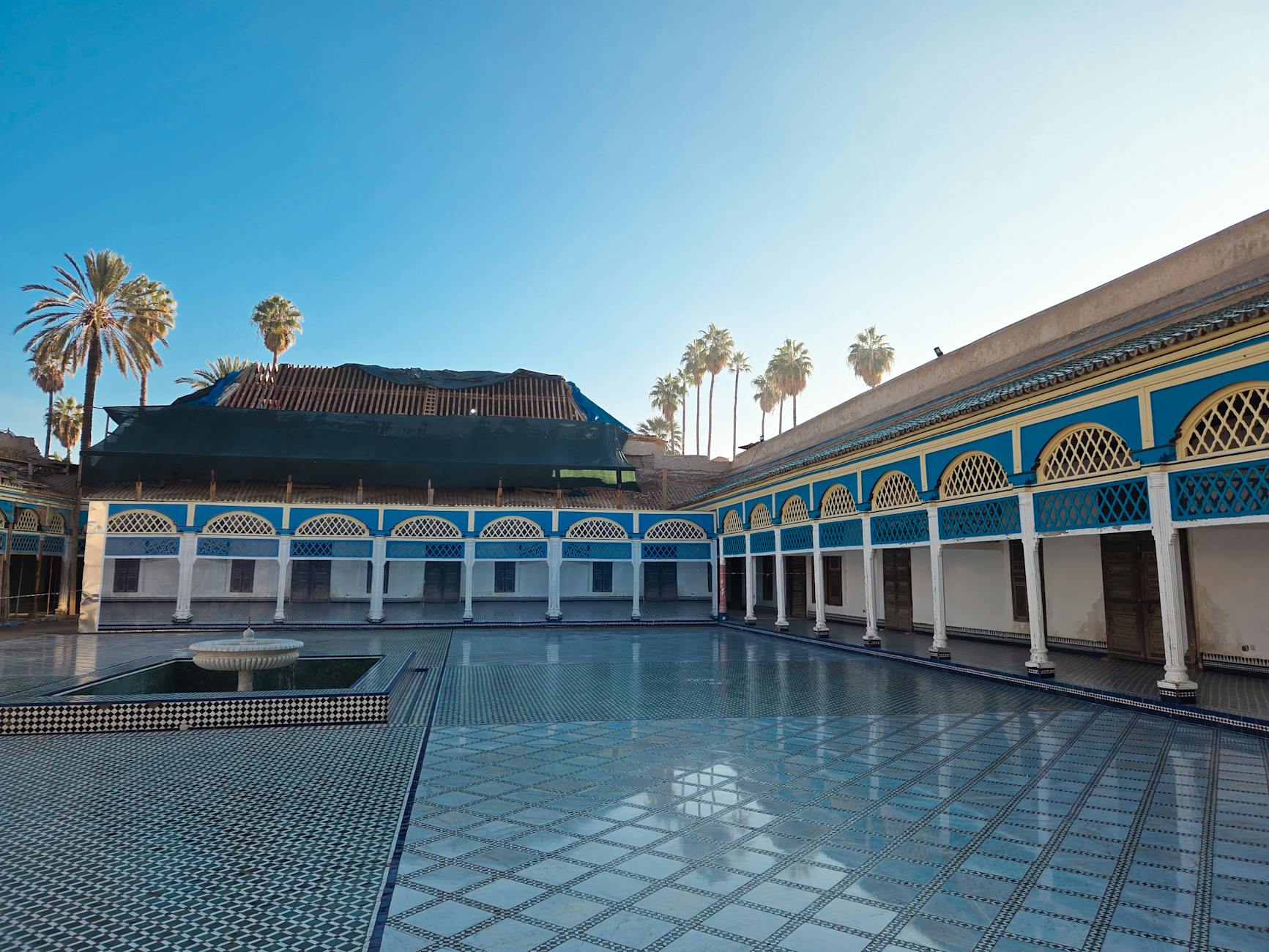 Sunlit courtyard of Bahia Palace in Marrakech