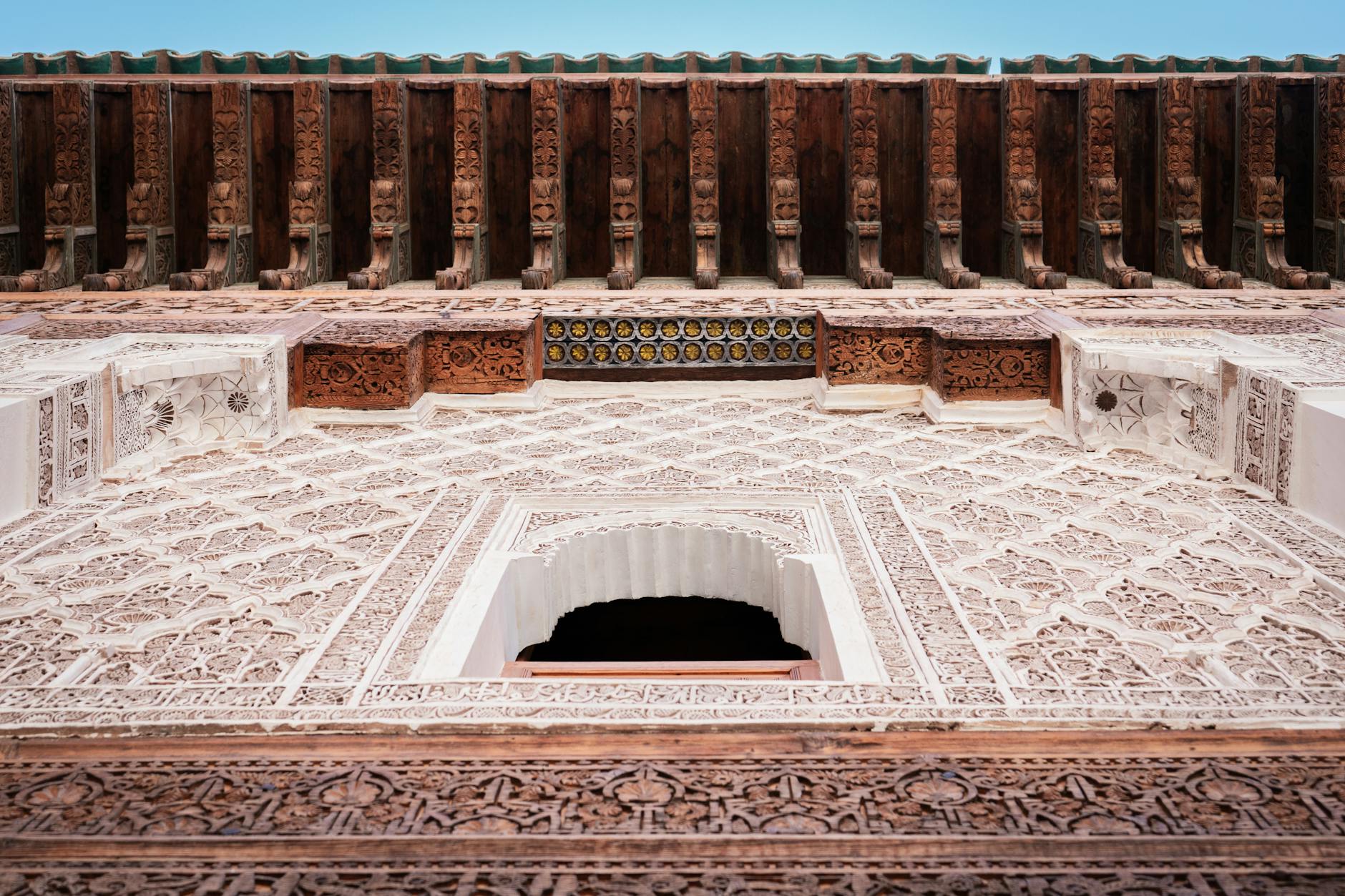 Ornate facade of Ben Youssef Madrasa in Marrakech