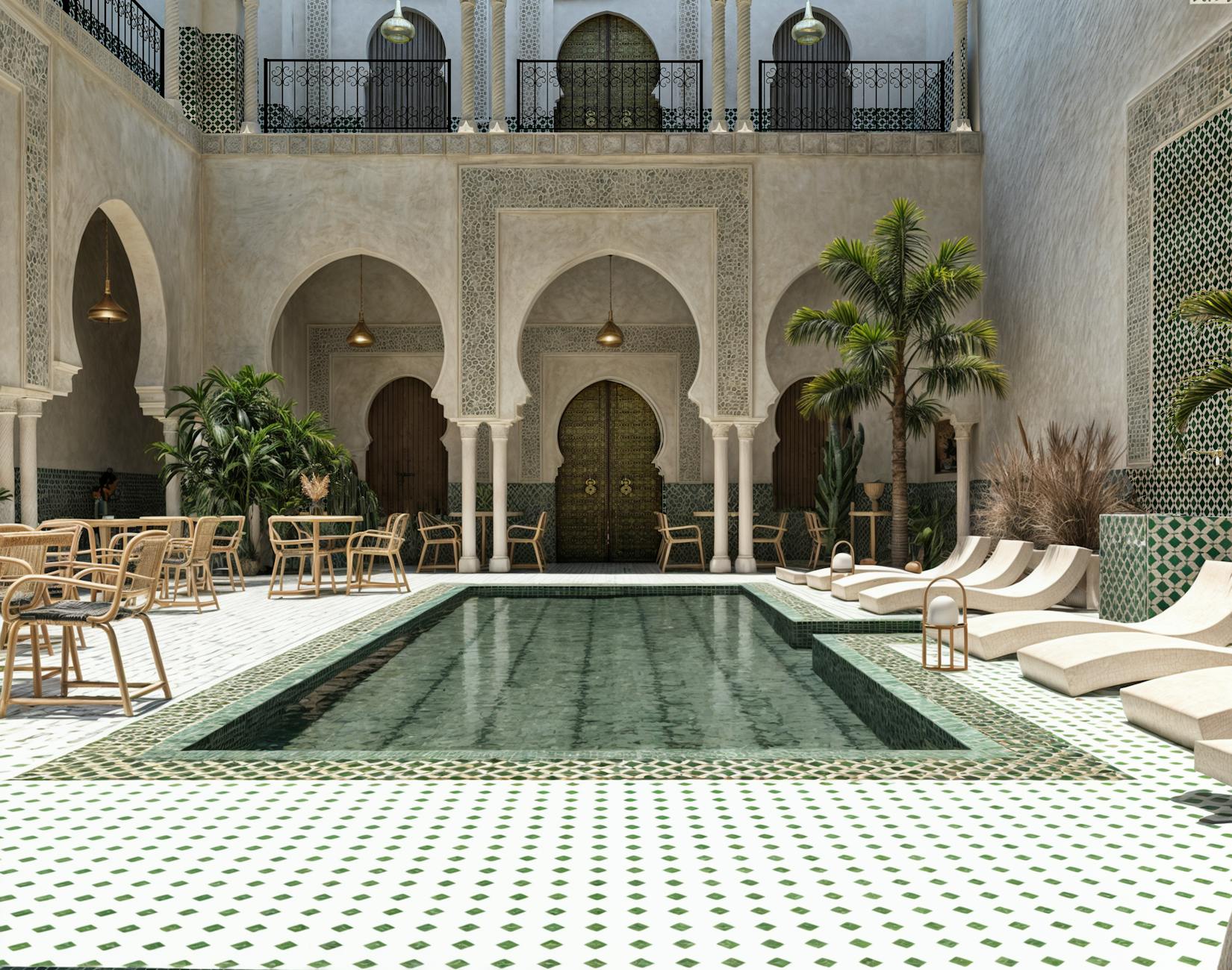 Moroccan courtyard with pool, arches, and green tile