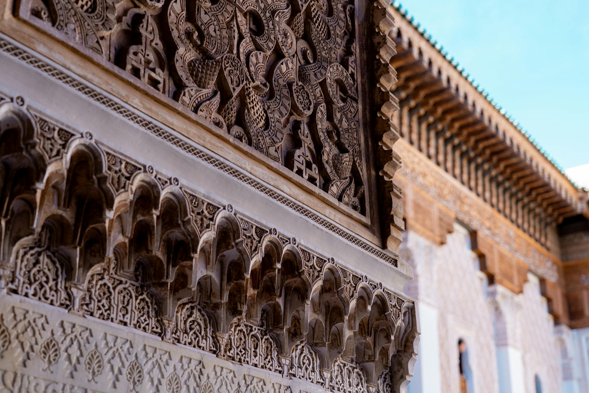 Intricate architectural details of a traditional Moroccan madrasa
