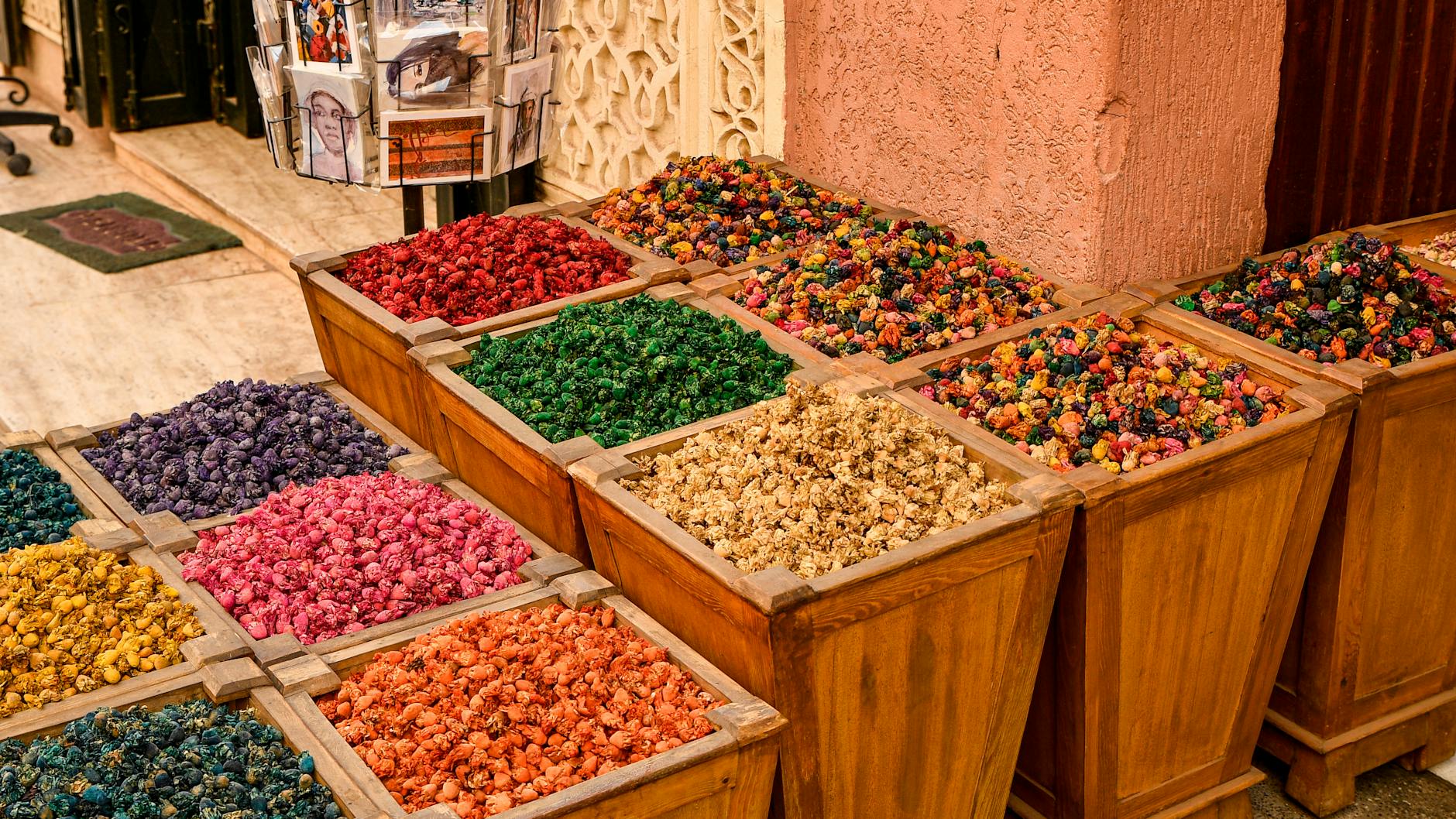 Colorful spices displayed in a Marrakesh market