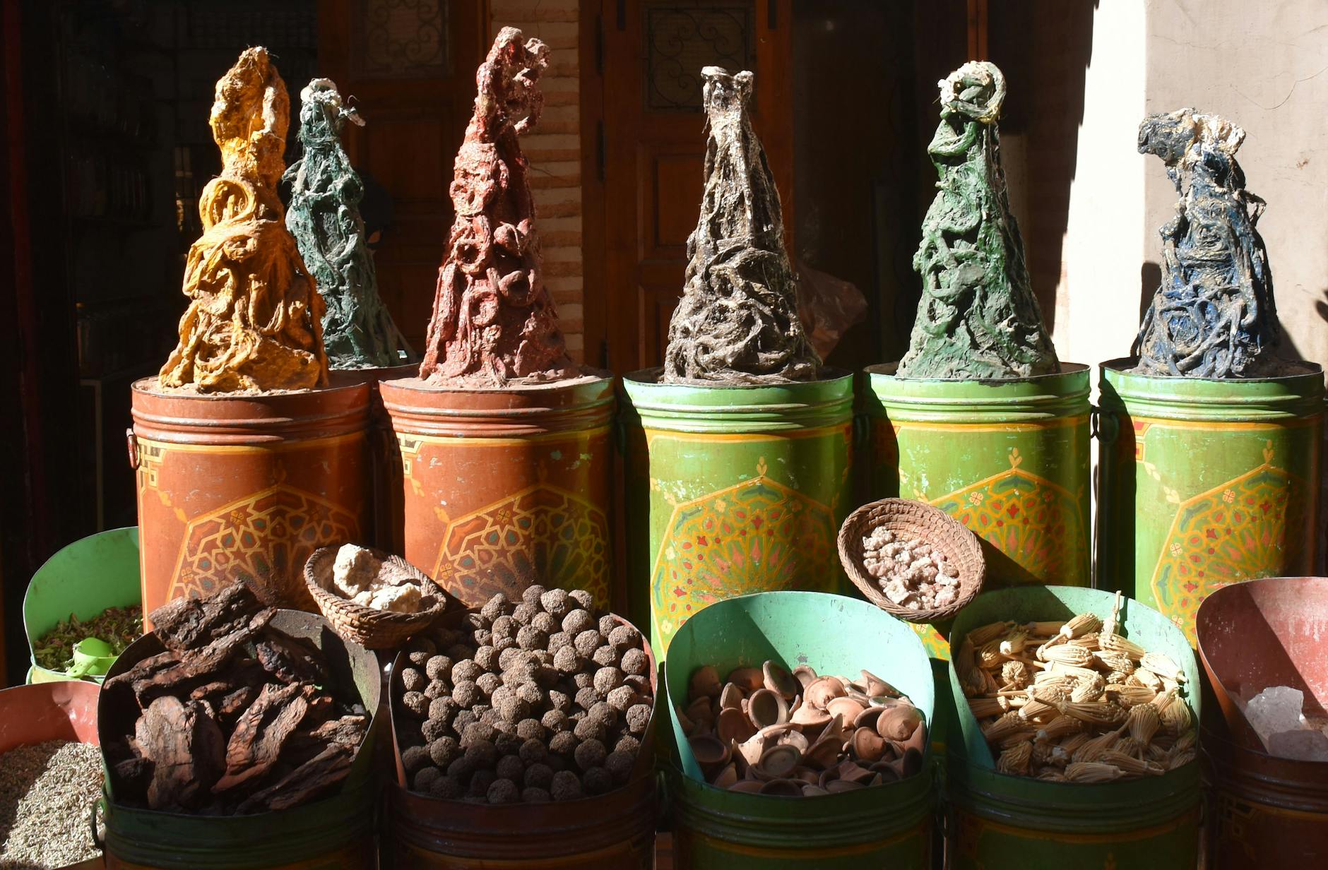 Traditional Moroccan spice and herb market display in Marrakech