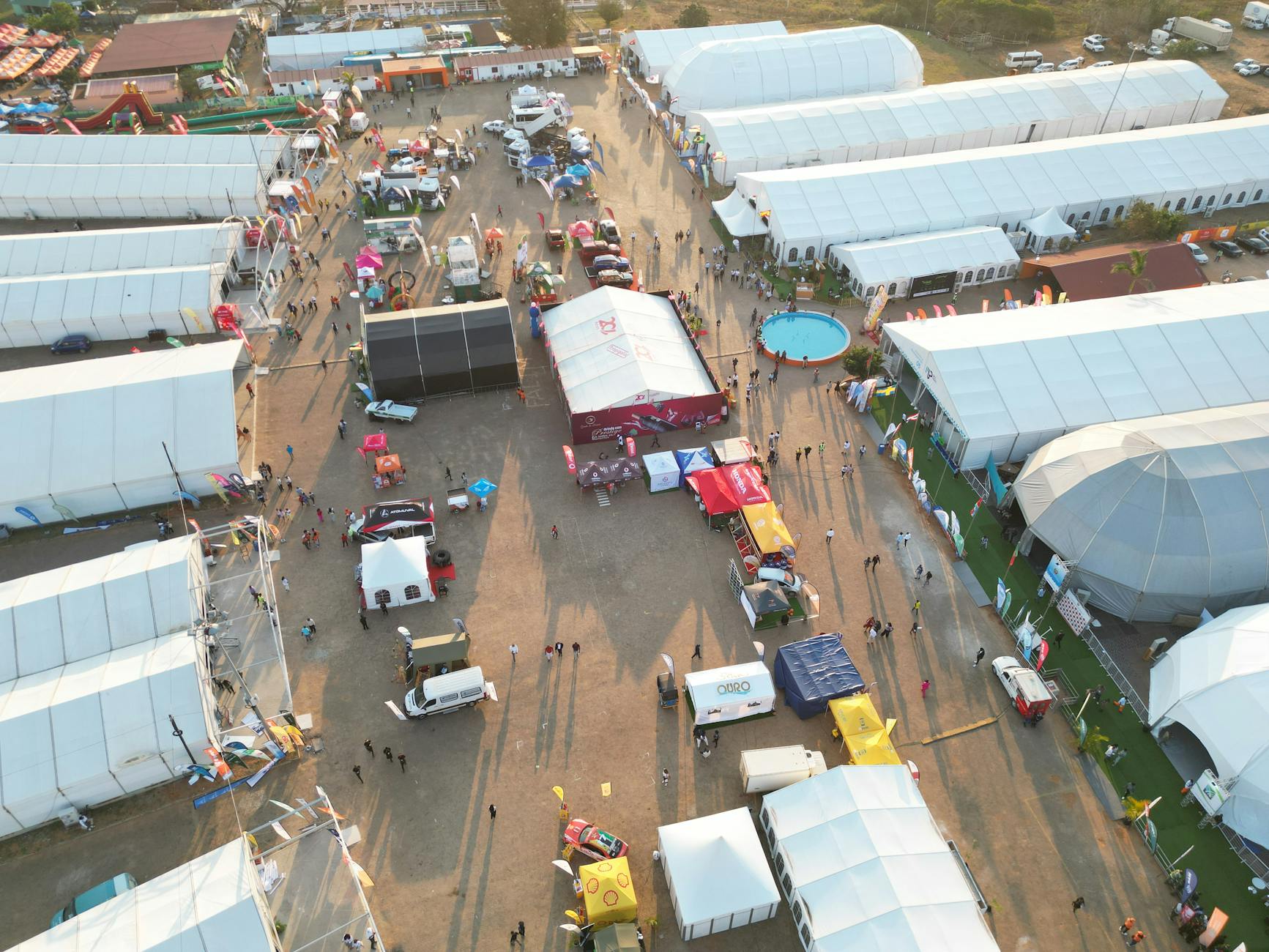 Outdoor event booths and tents seen from above
