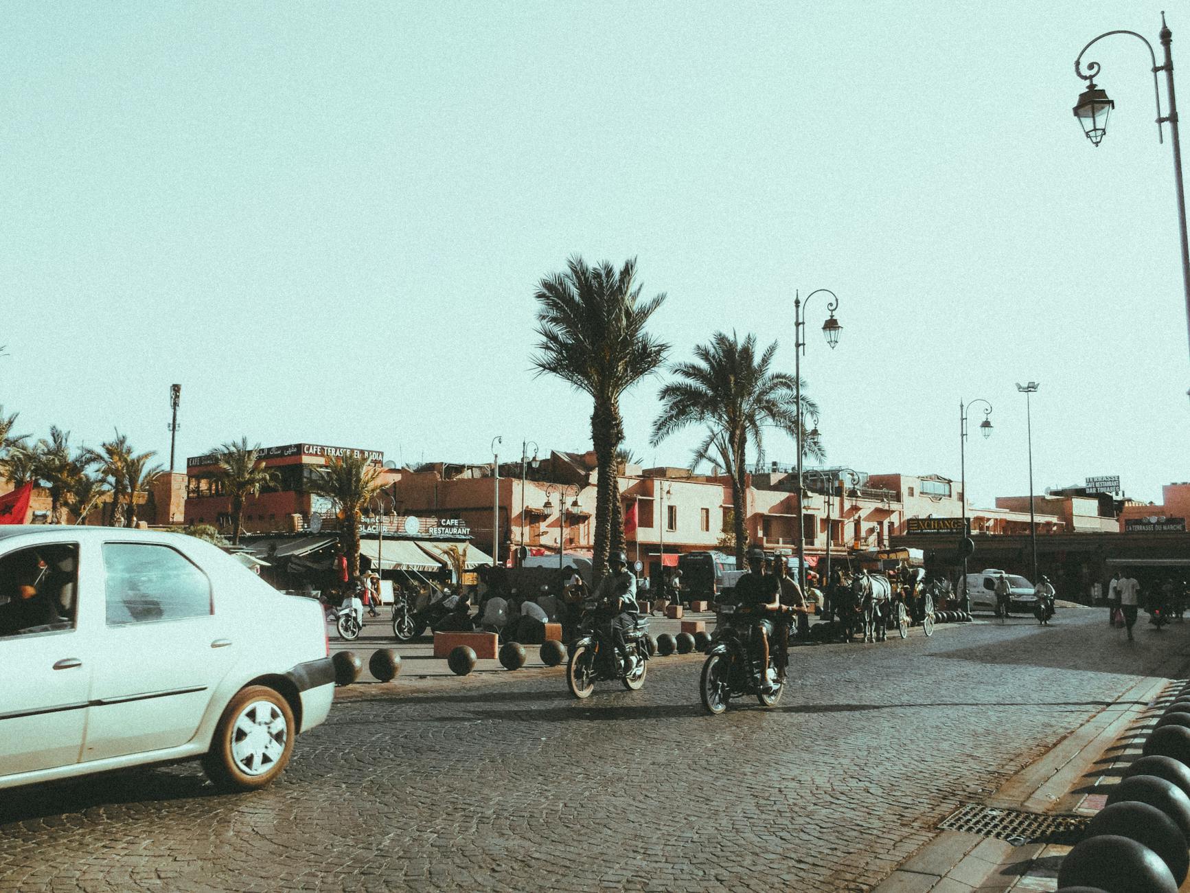Busy Marrakech street with motorbikes and palm trees