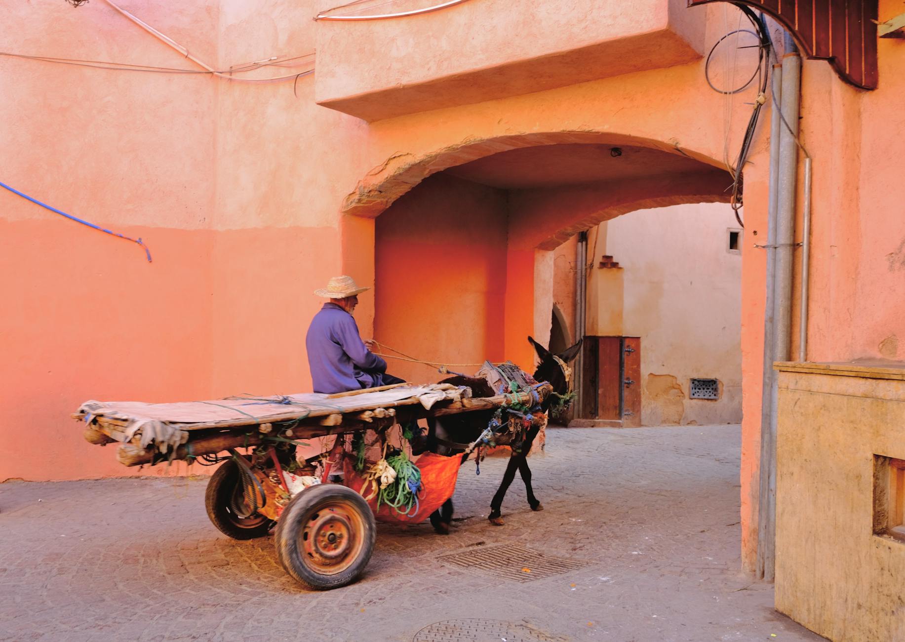 Donkey cart navigating narrow alleys in old Marrakech