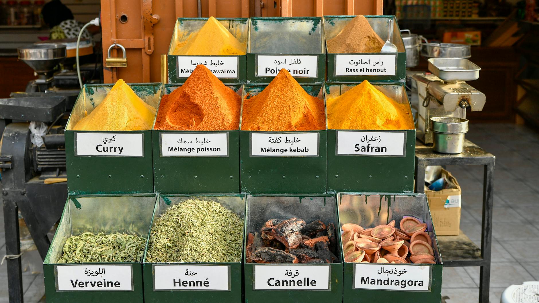Colorful spice display in a Marrakesh market