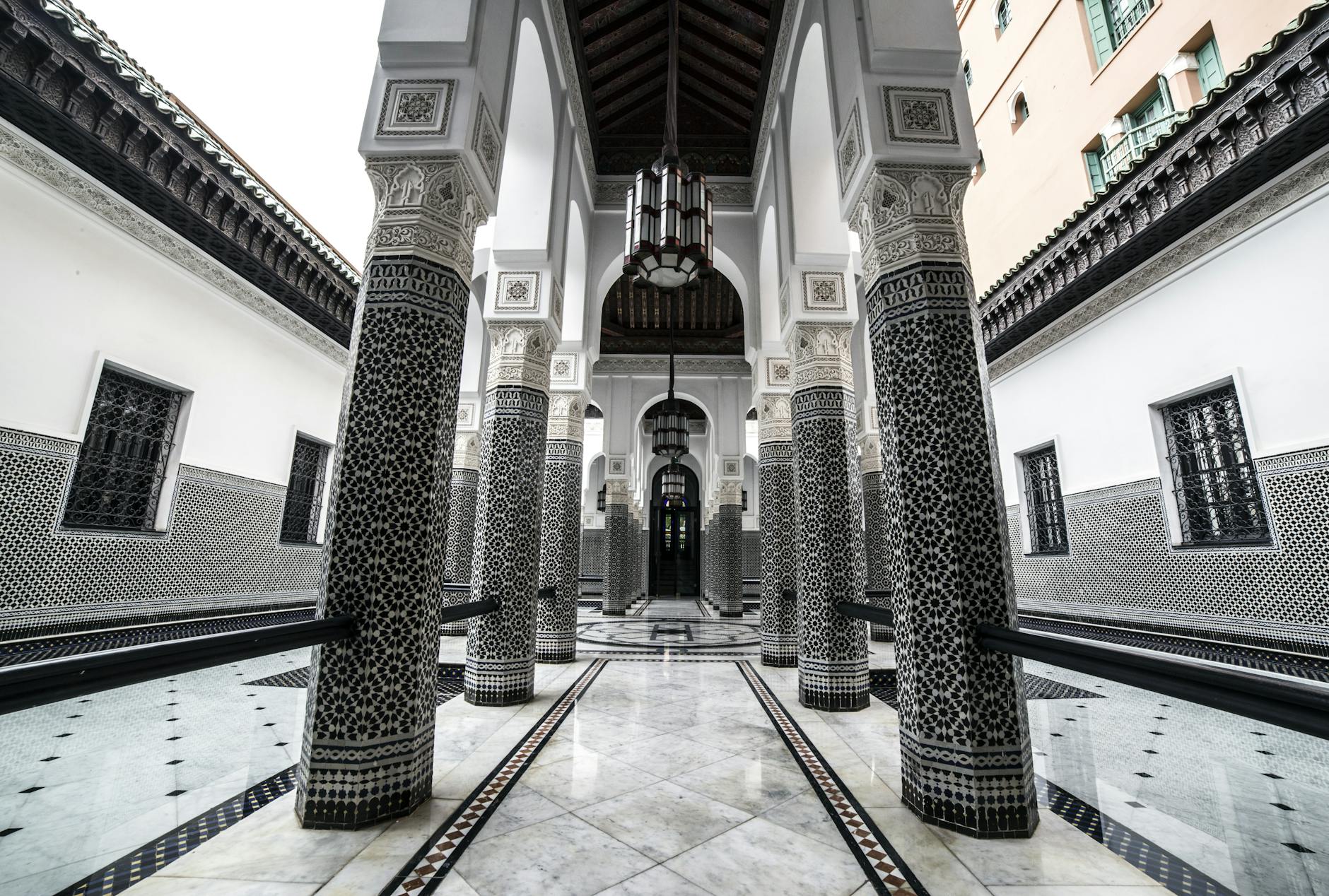 Moroccan arches and columns in traditional Marrakech architecture