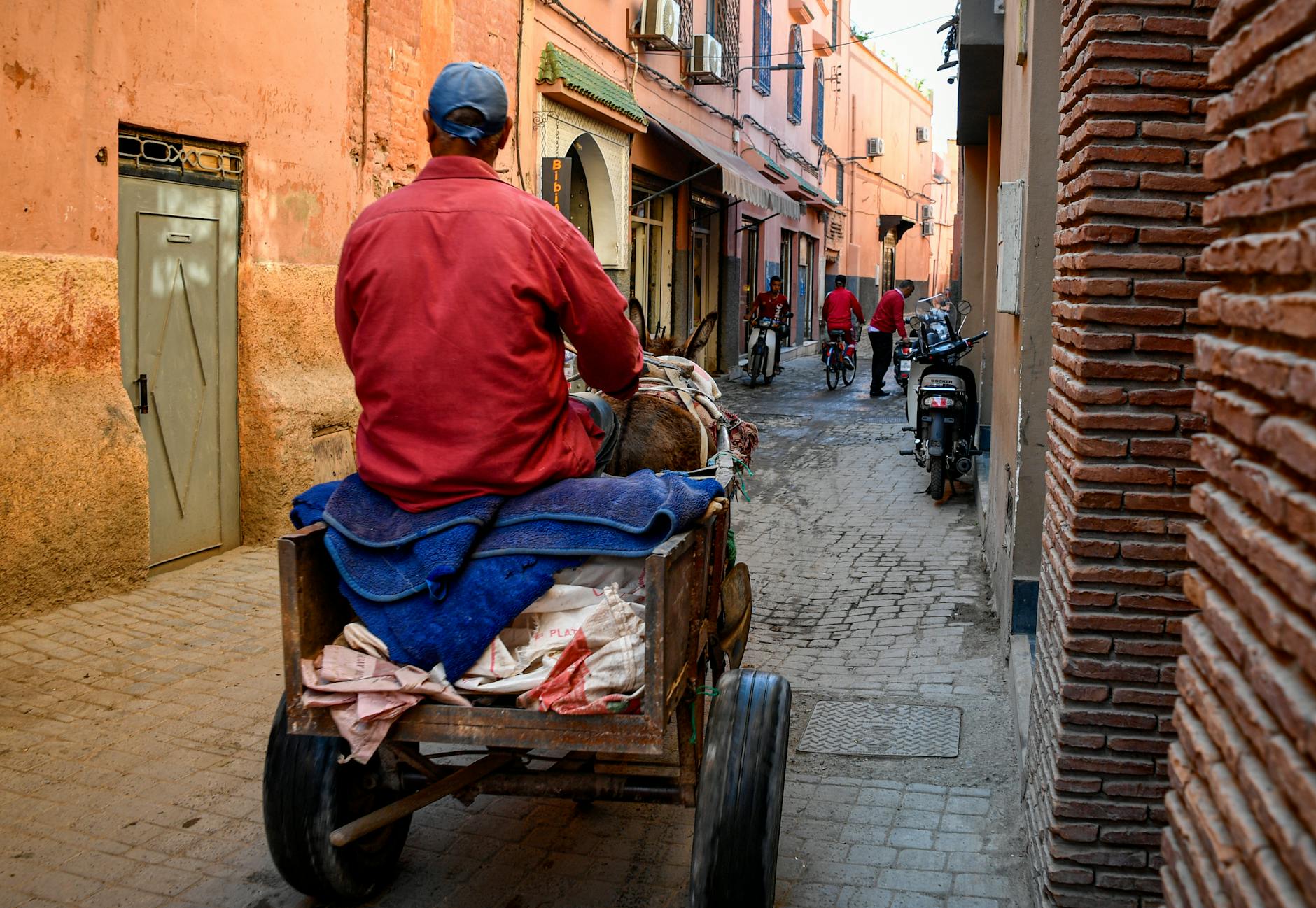 Donkey cart moving through a narrow Marrakesh medina lane