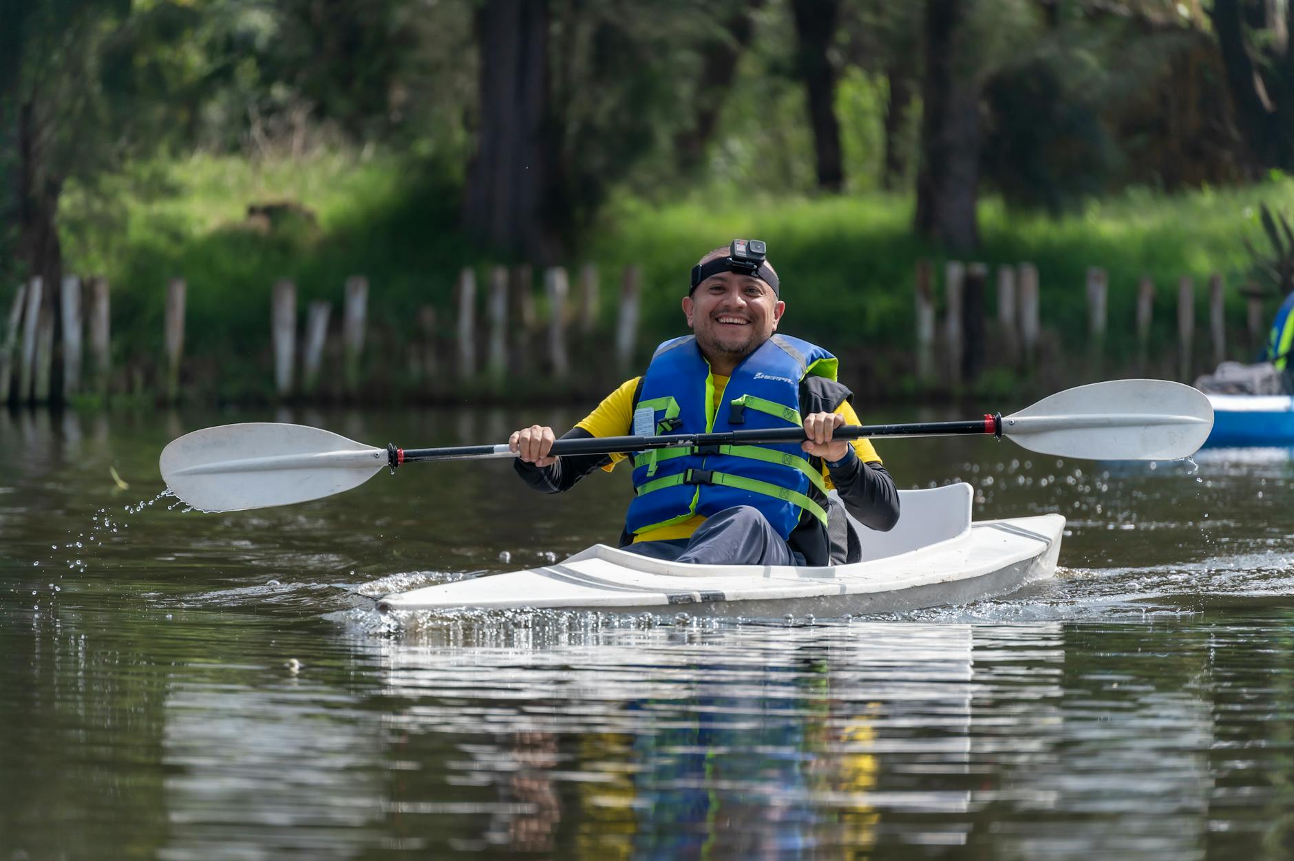 Kayaker paddling in Xochimilco, Mexico City