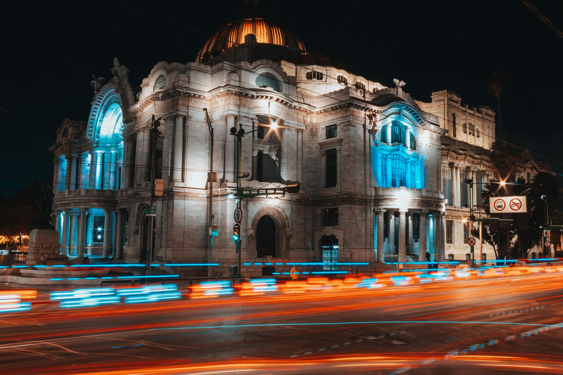 Palacio de Bellas Artes illuminated at night in Mexico City