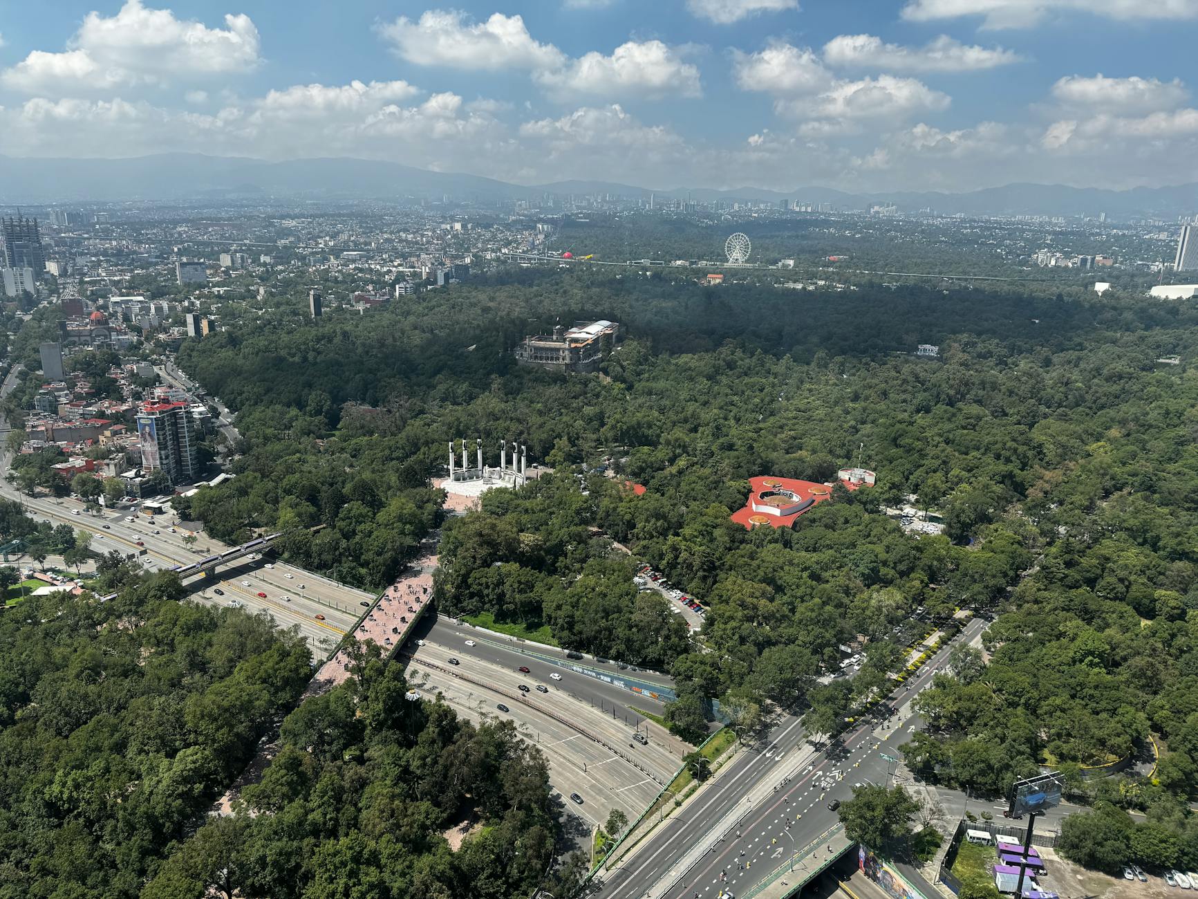 Aerial view of Chapultepec Park and Mexico City skyline