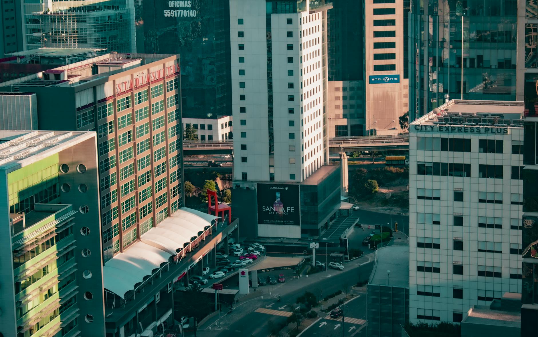 Aerial view of modern skyscrapers in Santa Fe, Mexico City