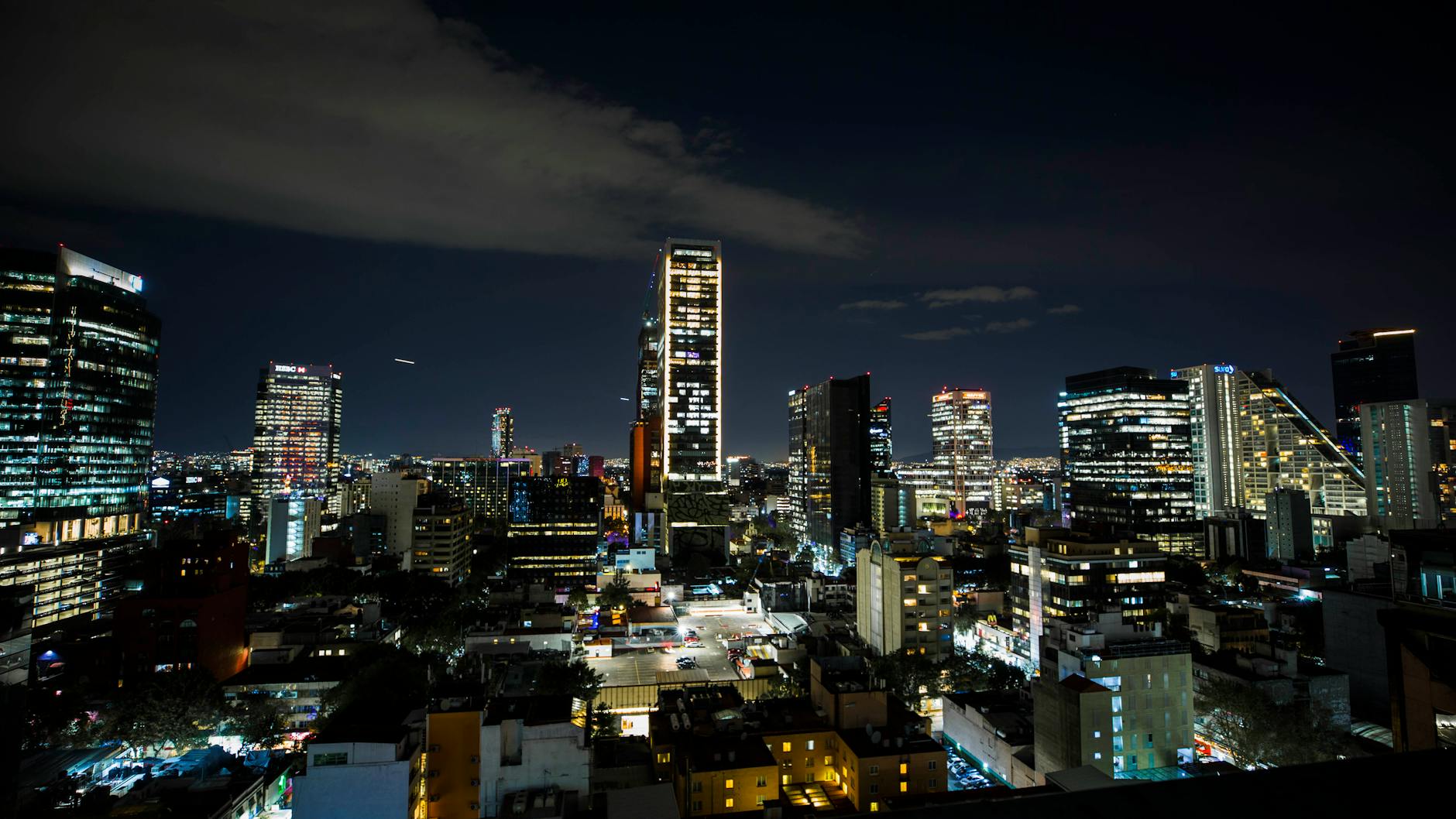 Illuminated skyscrapers in Mexico City at night