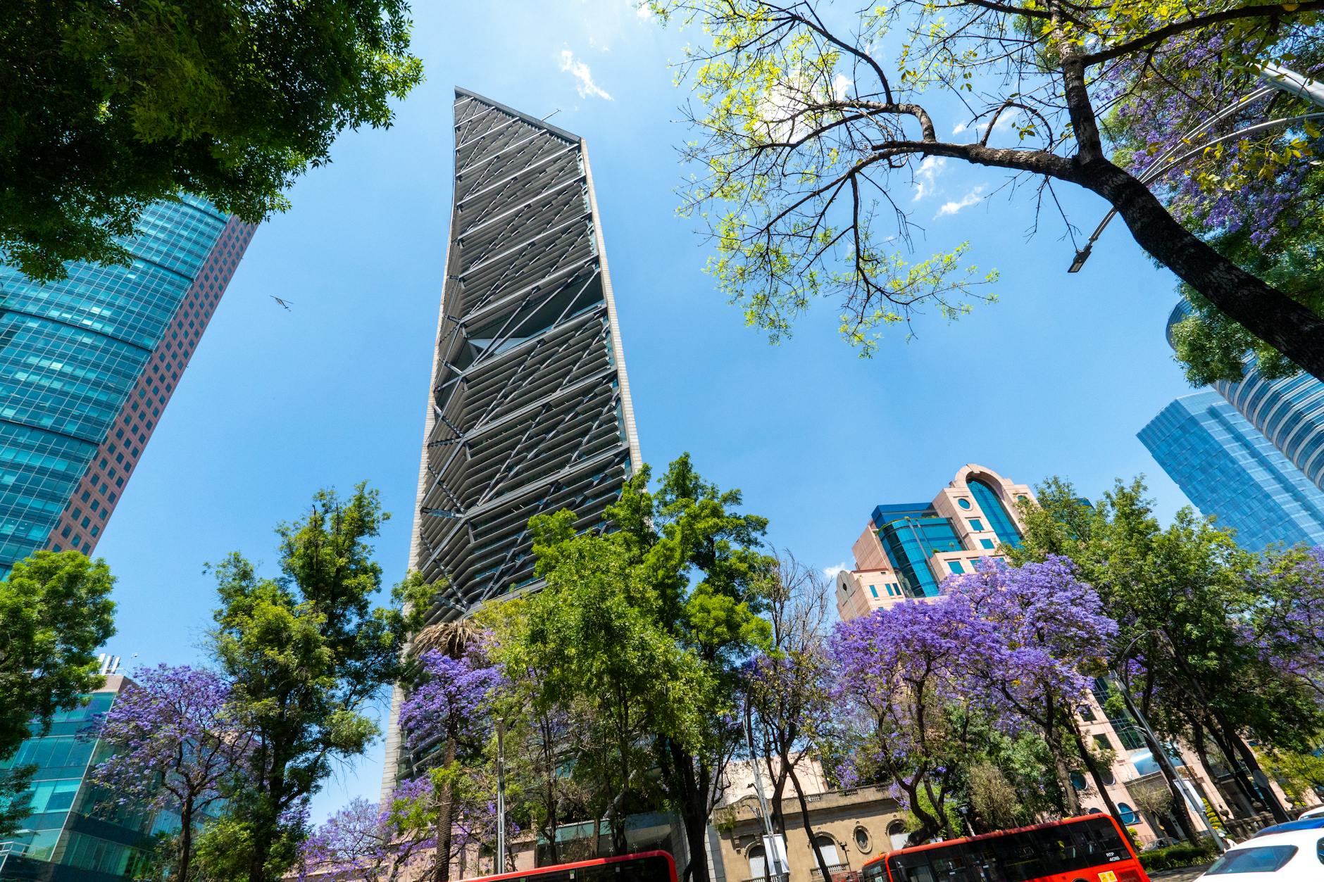 Torre Reforma rising over trees in Mexico City