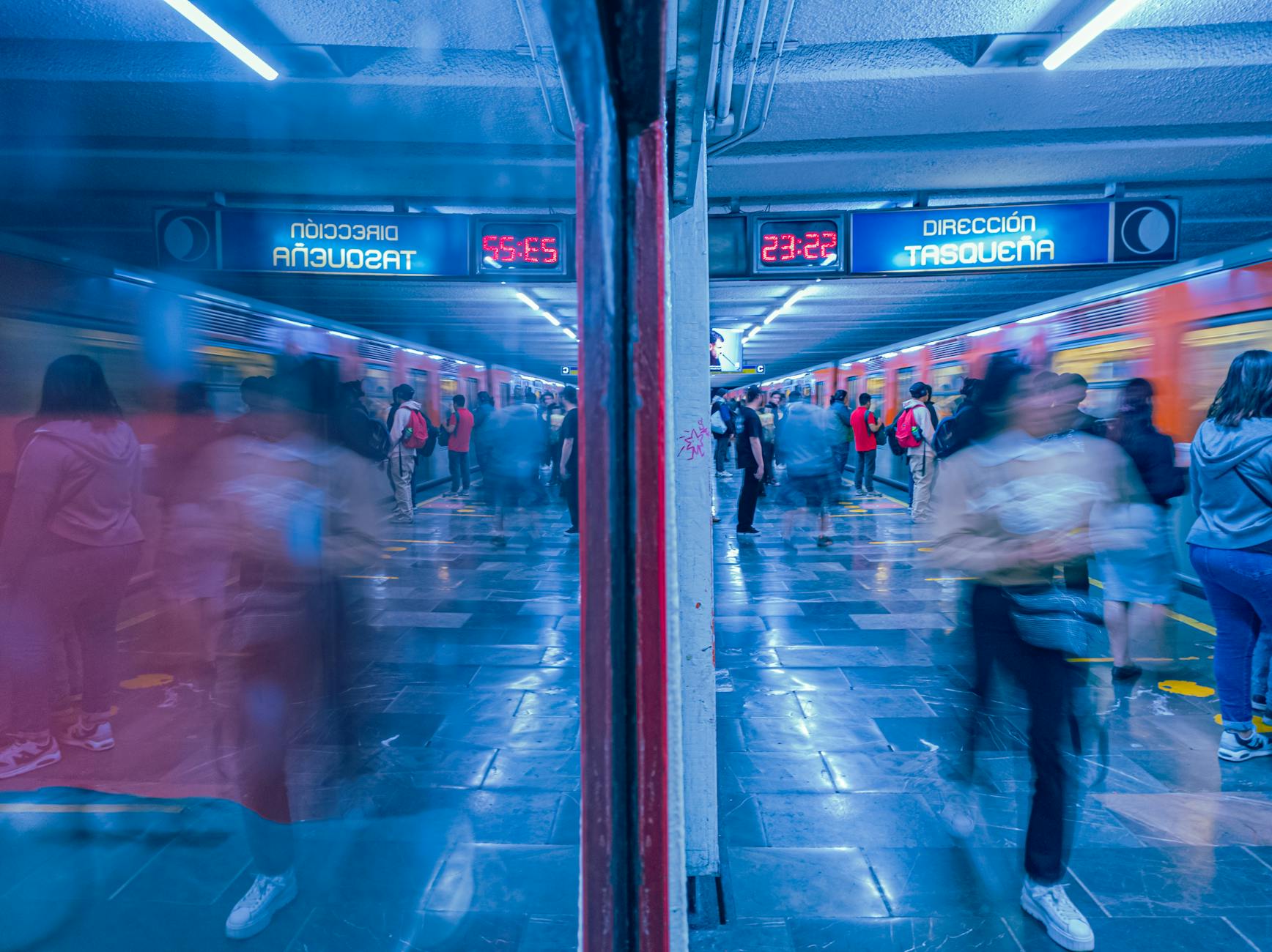 Motion blur in a busy Mexico City Metro station