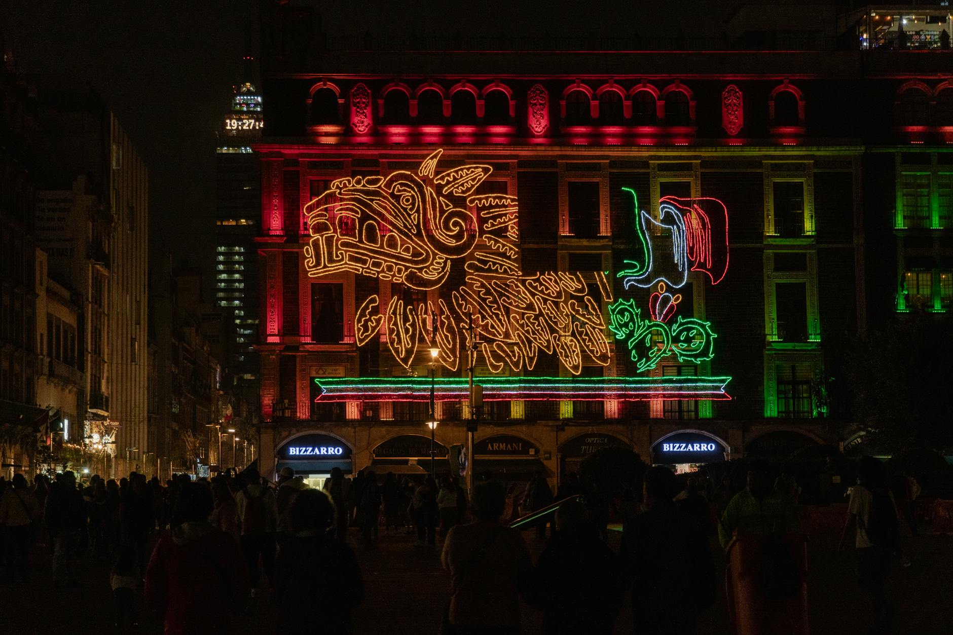 Neon Independence Day display in Mexico City at night