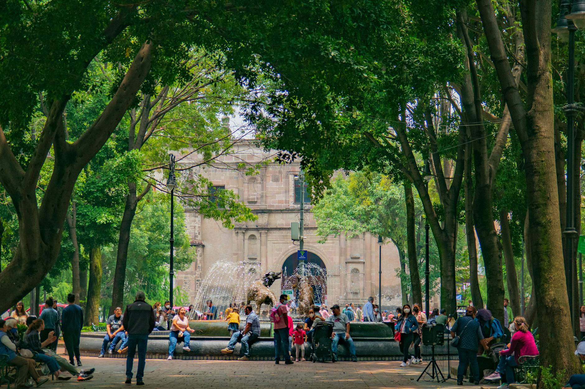 People enjoying a Mexico City park with fountain and trees