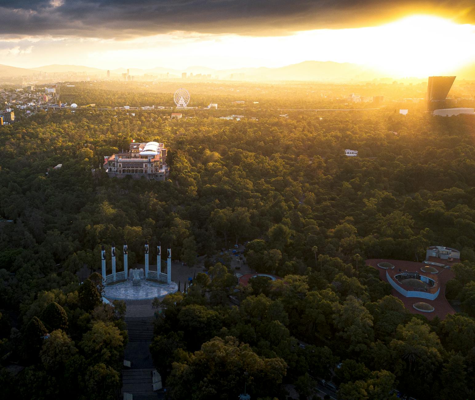 Aerial view over Chapultepec Park in Mexico City at sunset