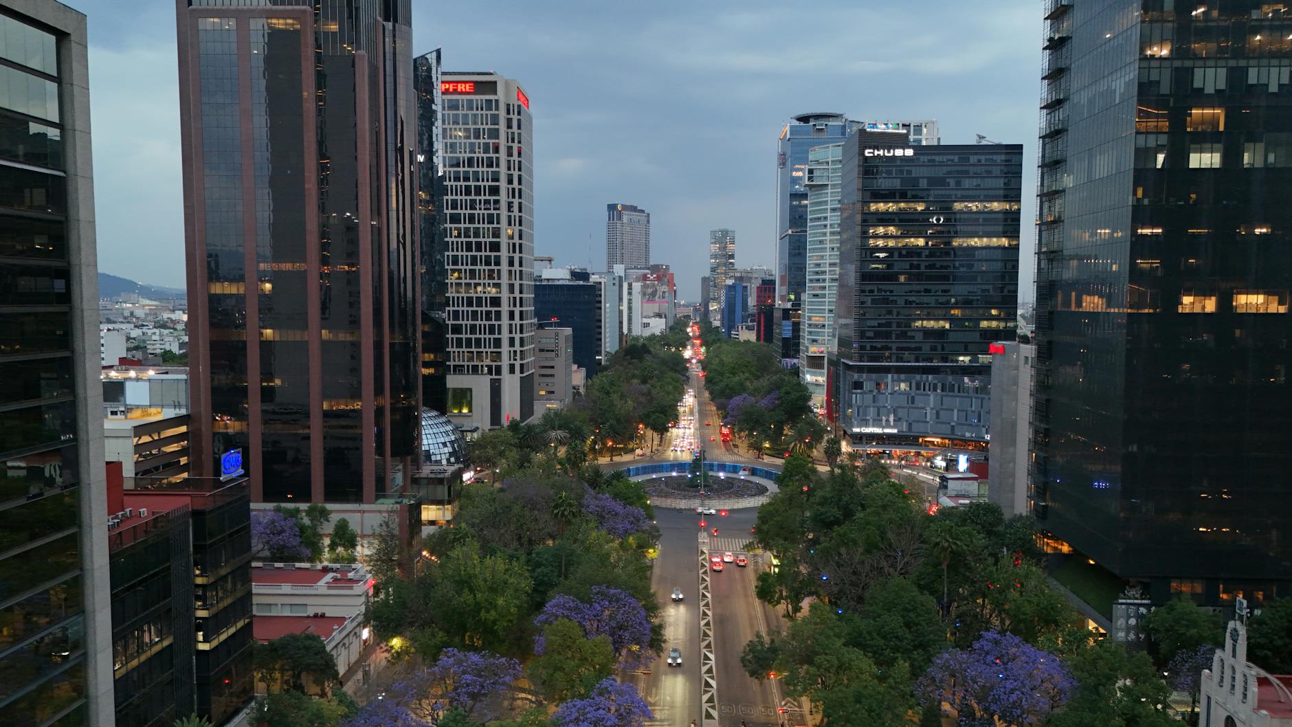 Drone view of Paseo de la Reforma in Mexico City at dusk