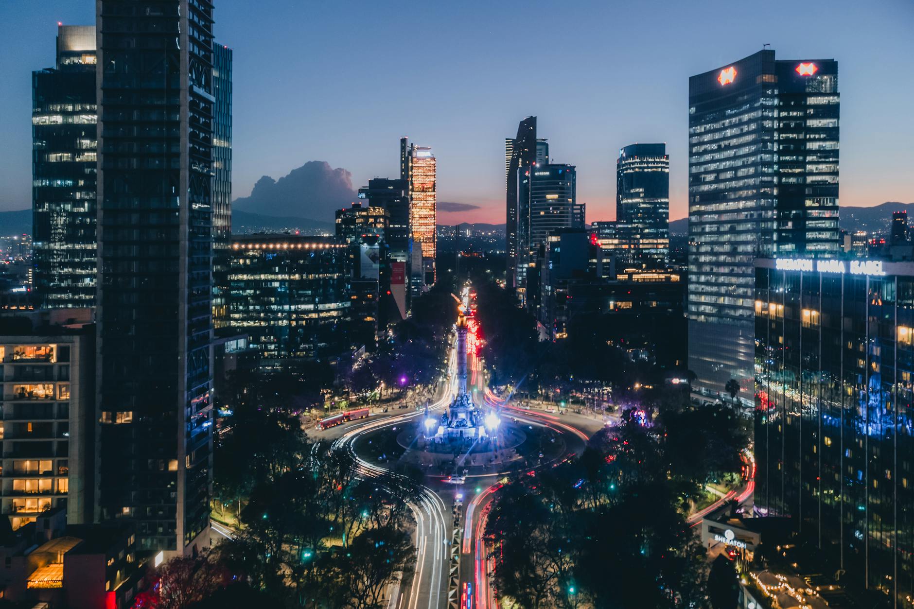 Night view of Mexico City skyline and landmarks