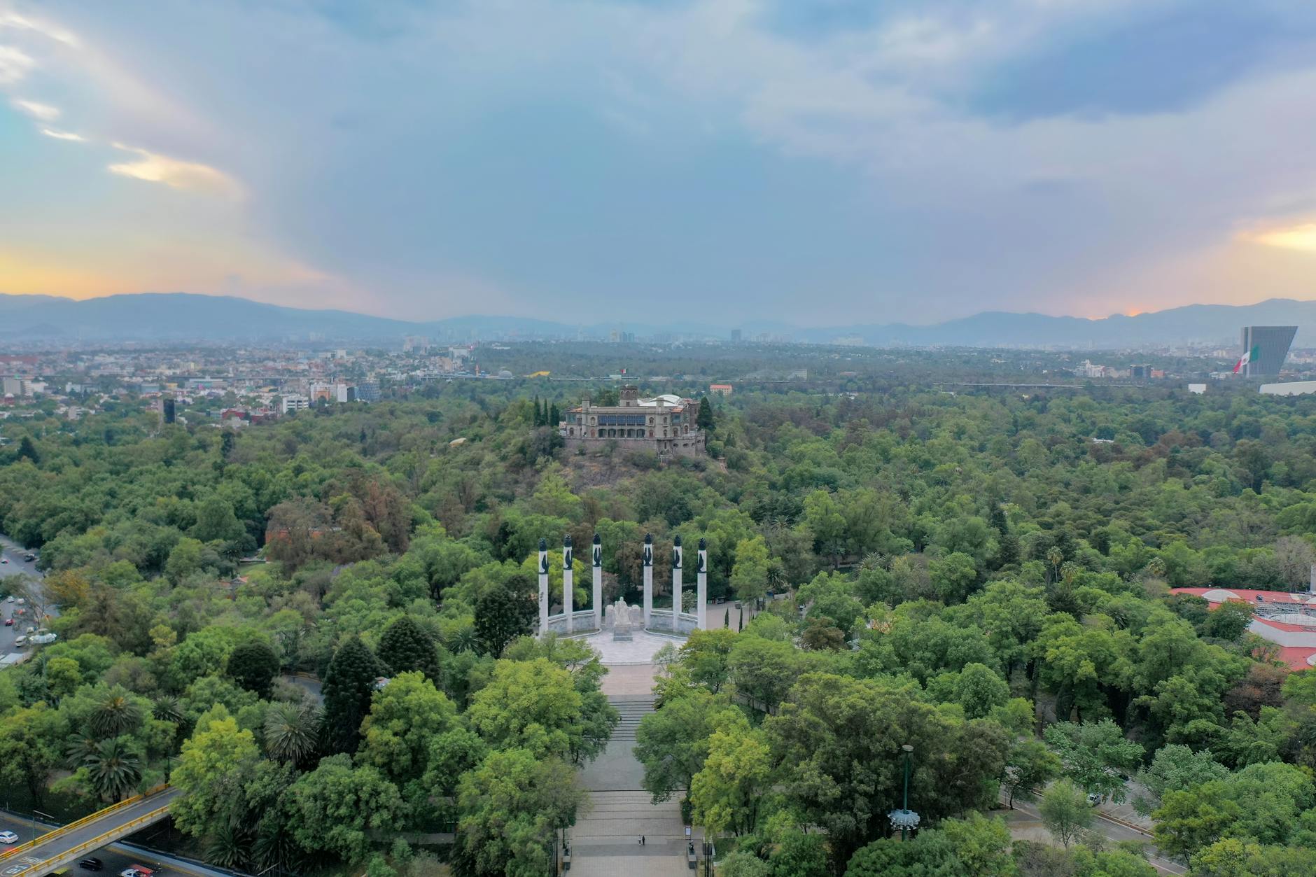 Aerial view over Chapultepec Park and Mexico City at sunset