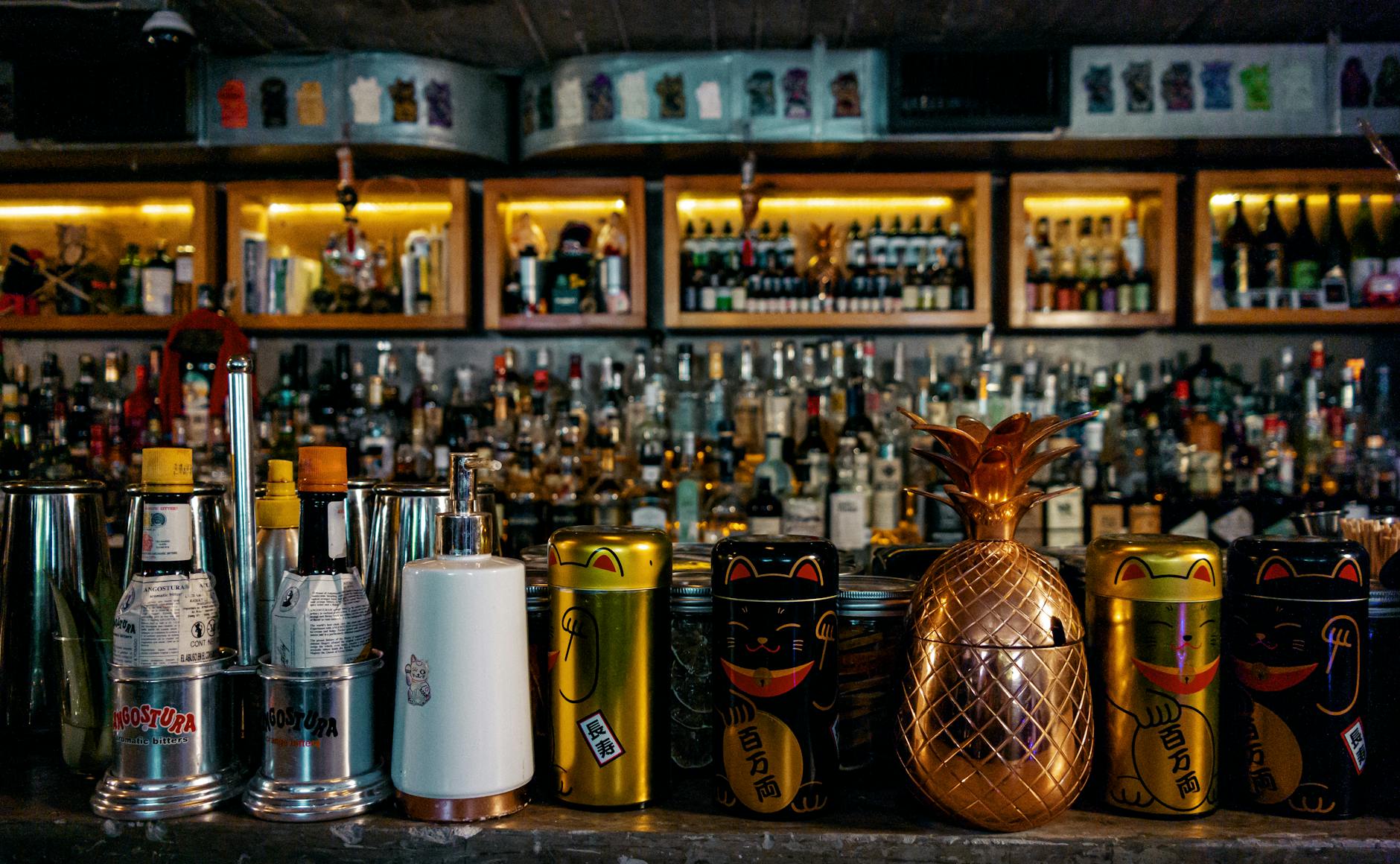 Colorful bar counter with bottles in Mexico City