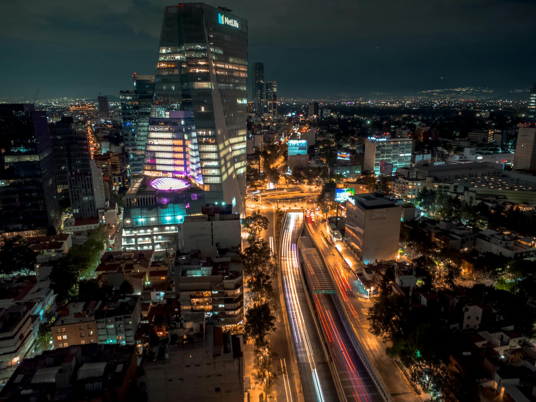 Mexico City illuminated skyline at night