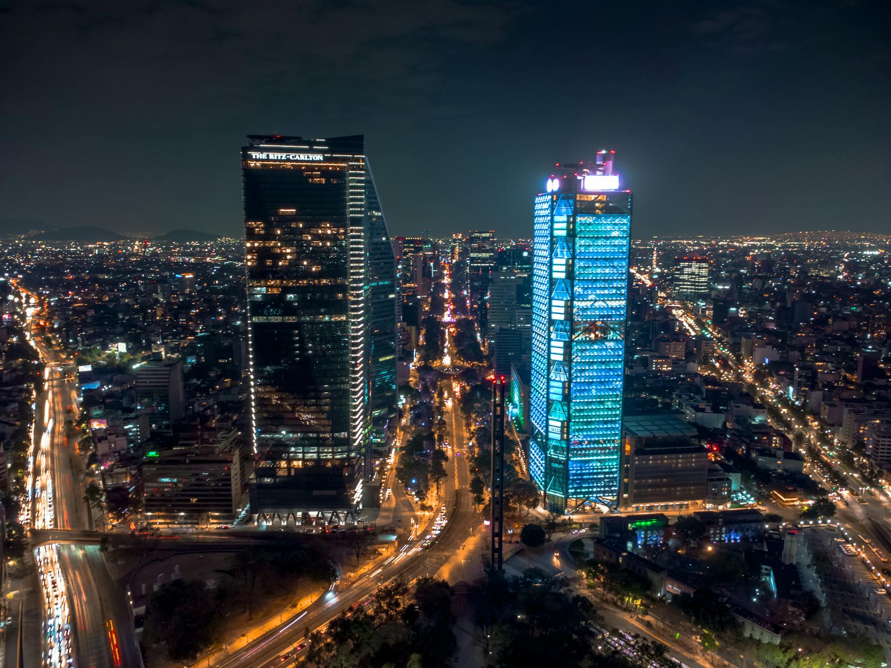 Aerial view of Mexico City skyline at night