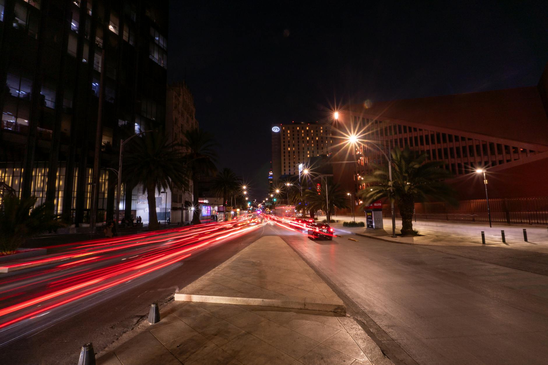 Mexico City traffic lights and skyline at night