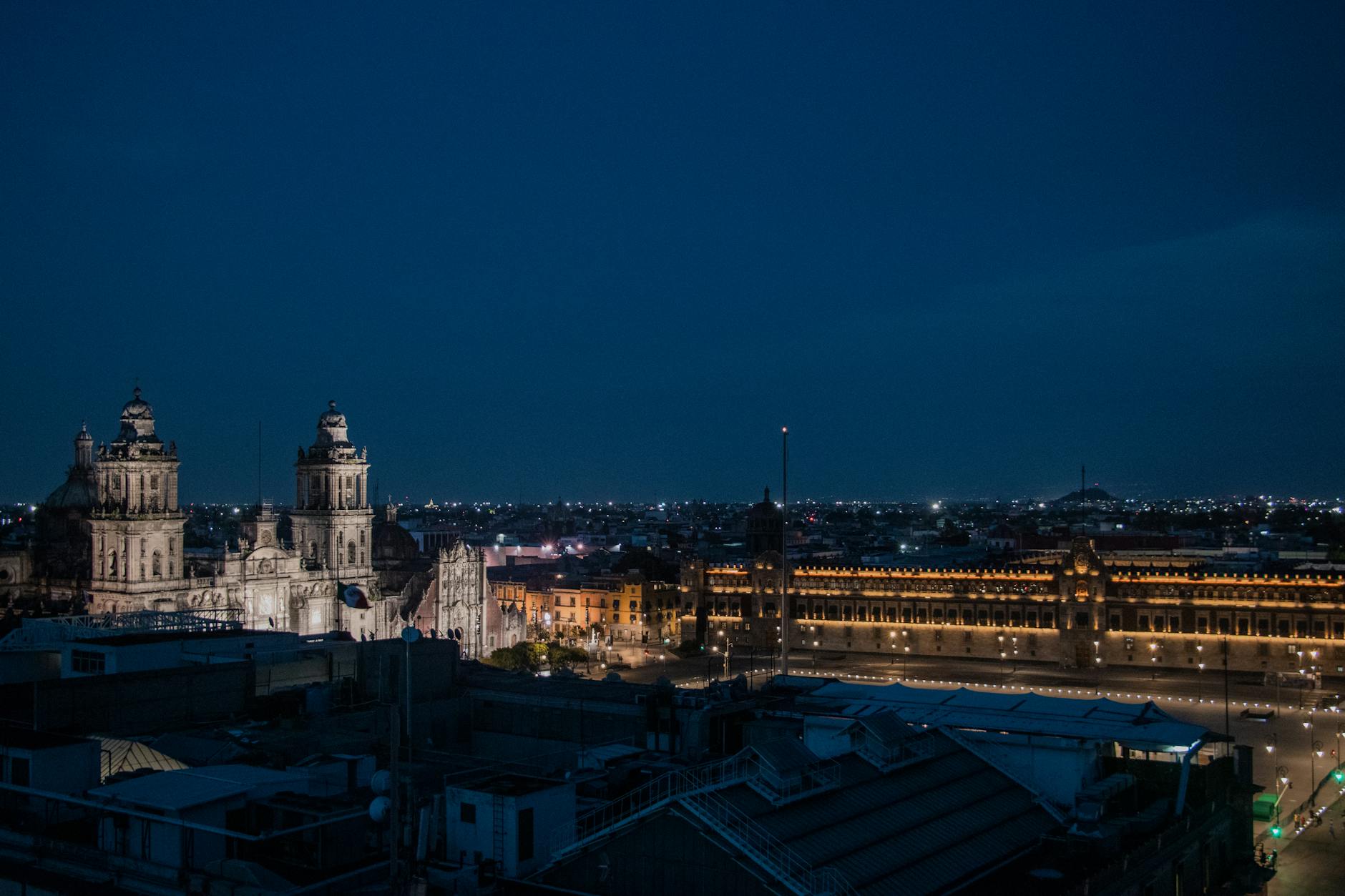 Mexico City Cathedral and Zocalo illuminated at night