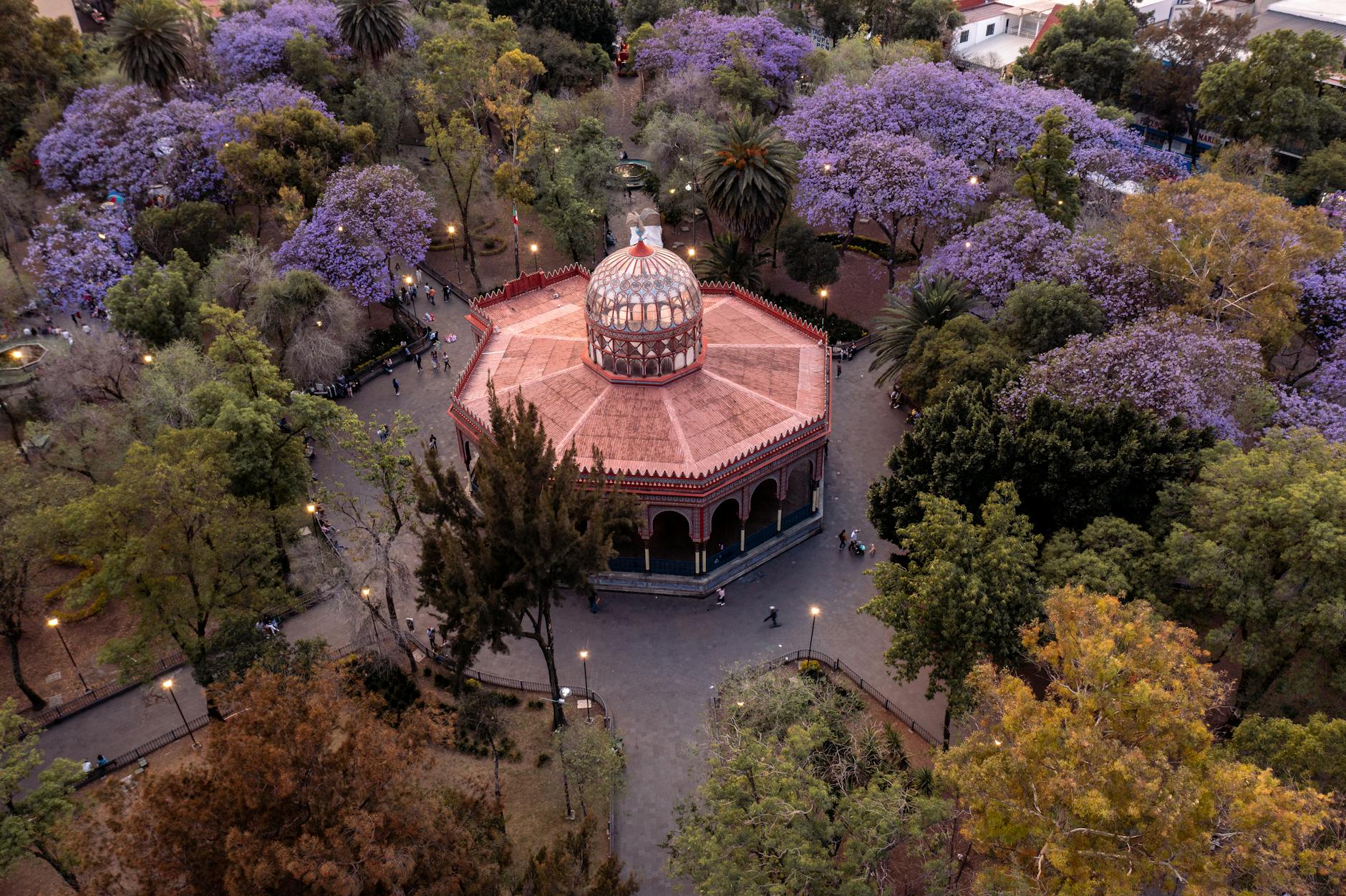 Aerial view of the Morisco Kiosk surrounded by trees in Mexico City
