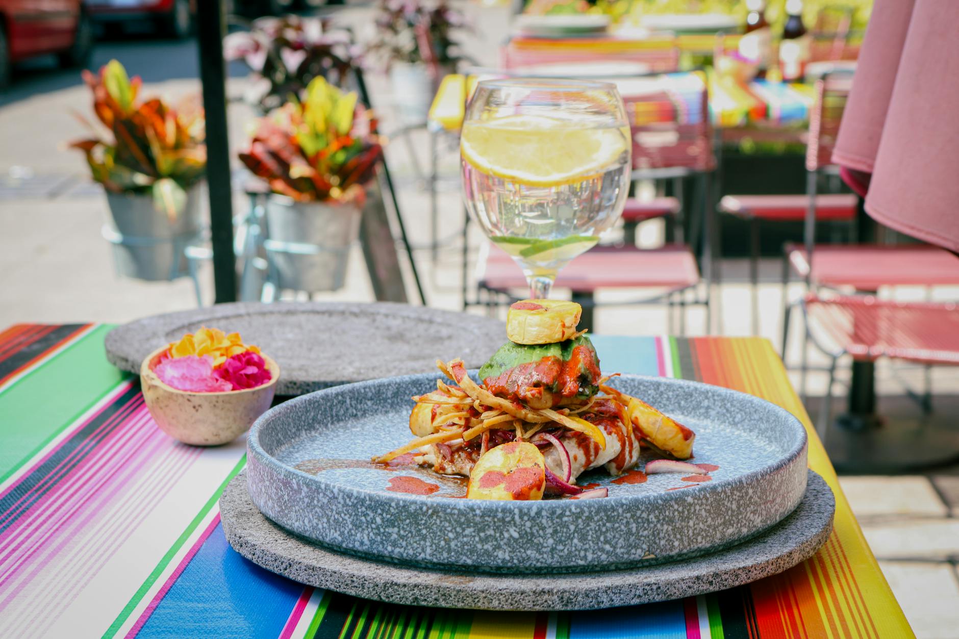 Colorful Mexican dish served outdoors in Mexico City