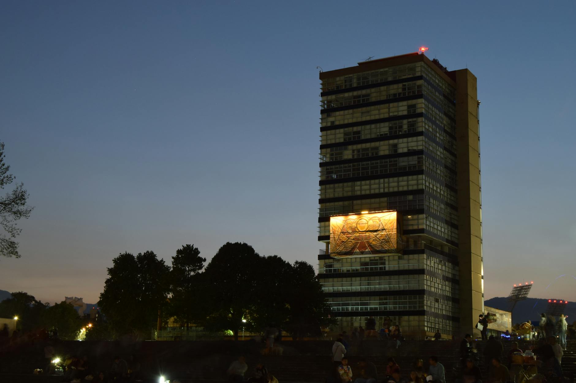 UNAM University tower at twilight in Mexico City