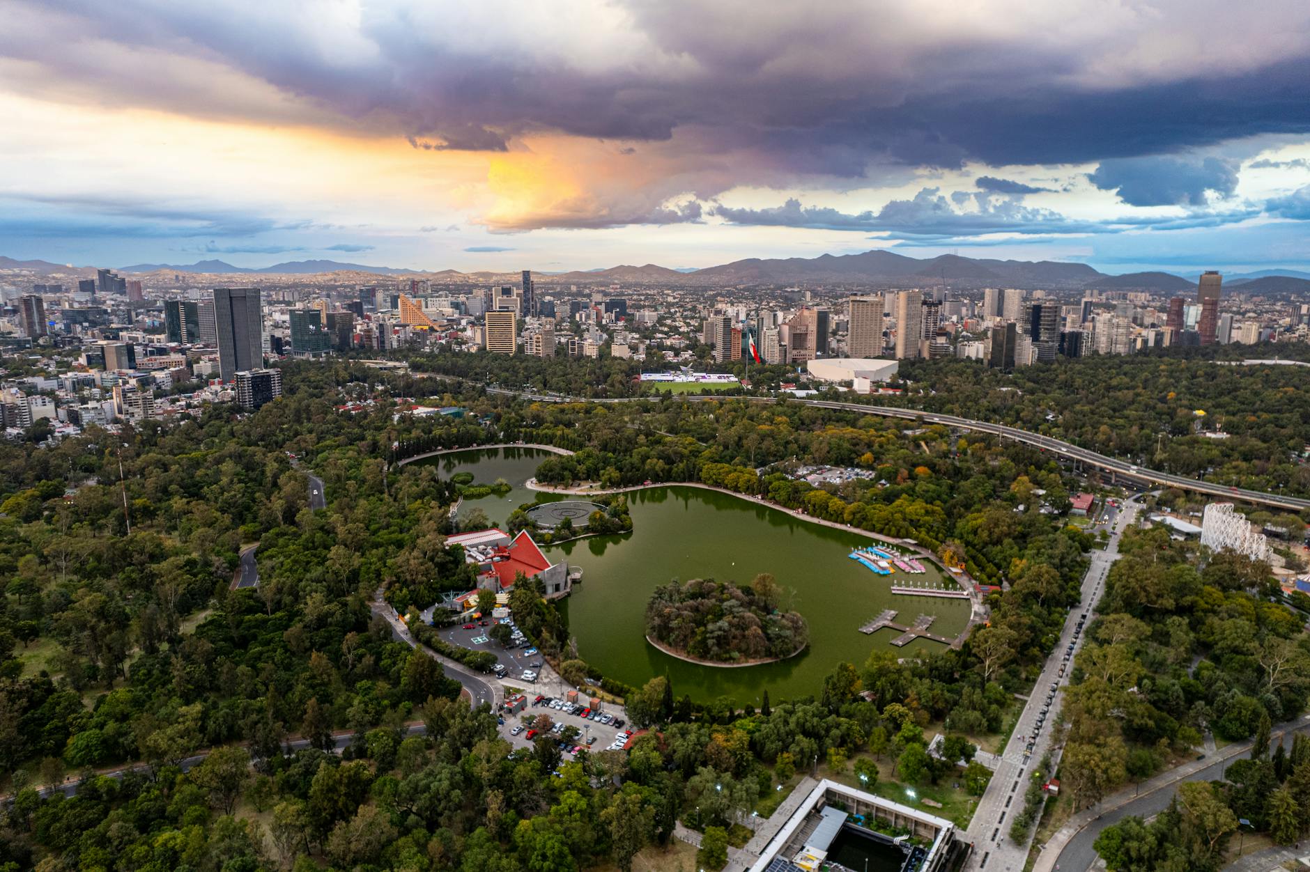 Aerial view of Chapultepec Park and Mexico City skyline
