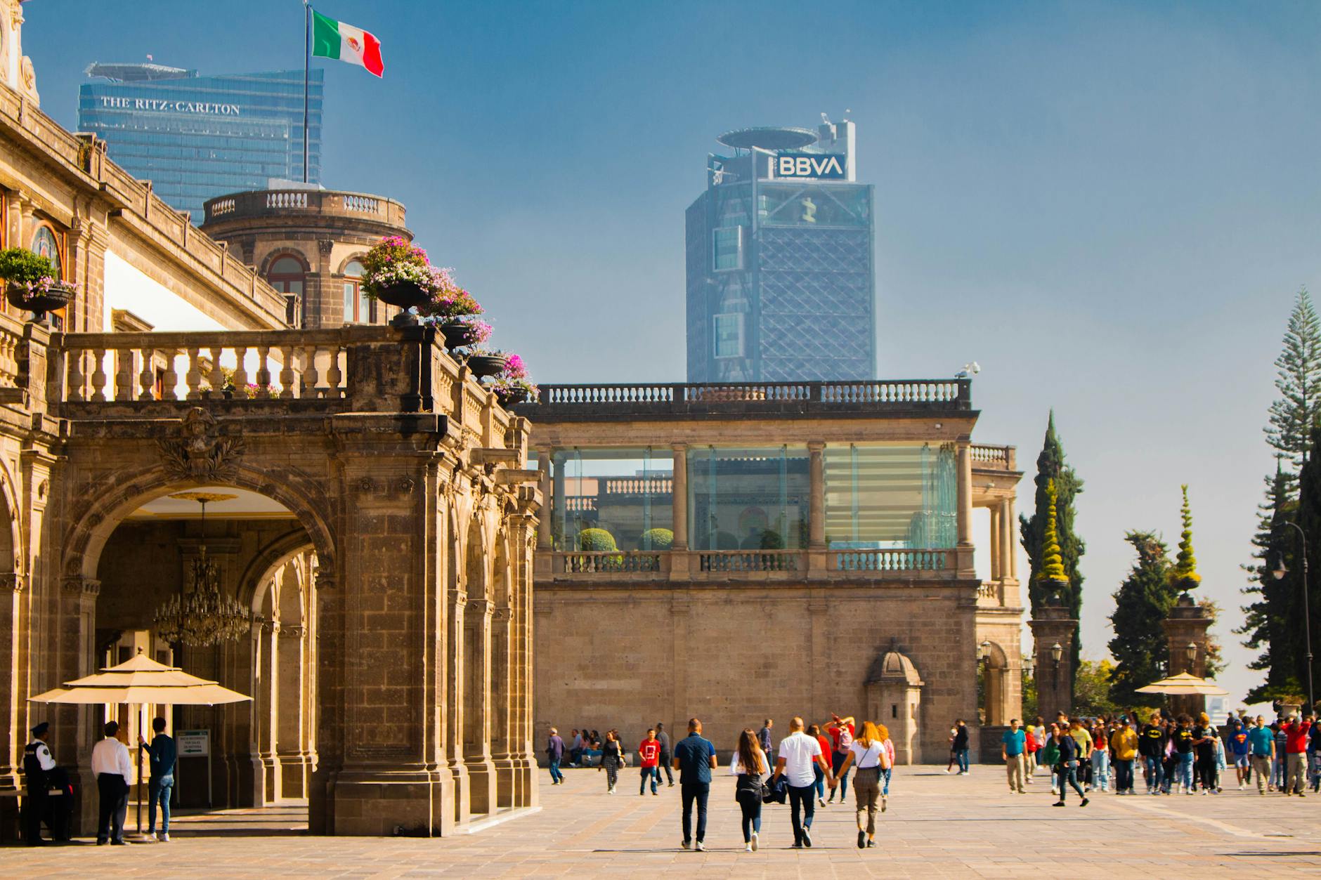 Chapultepec Castle with Mexico City skyline in the background