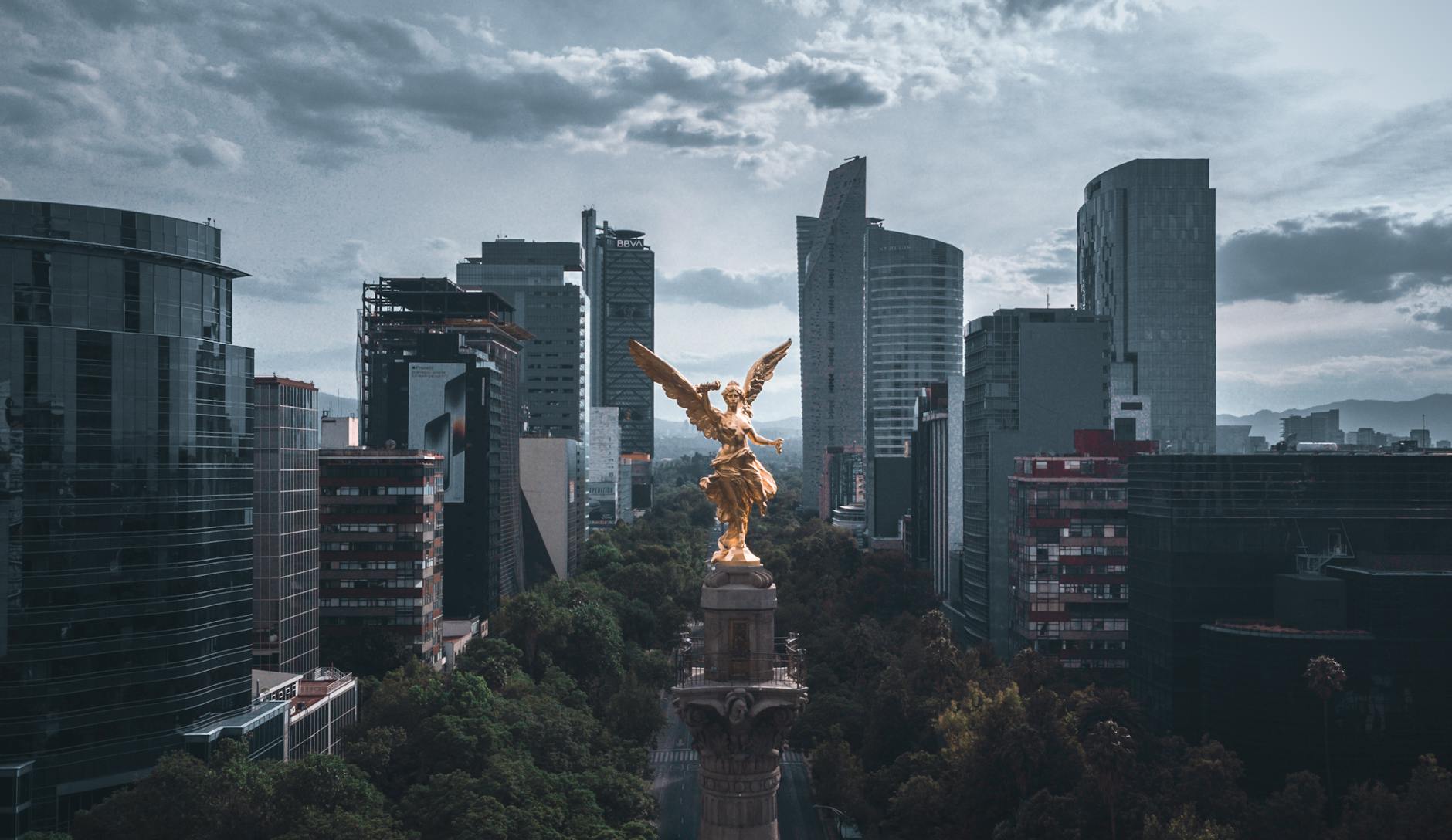 Aerial view of Angel of Independence and Mexico City skyline