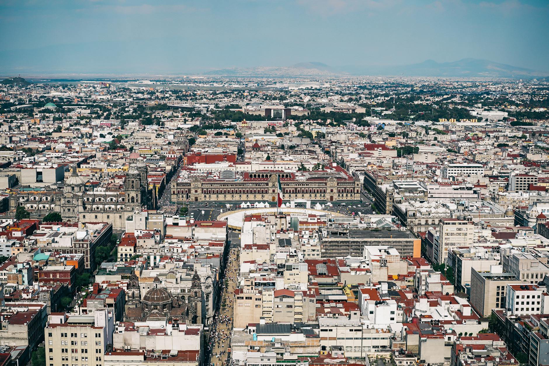 Aerial view of Mexico City with historic architecture